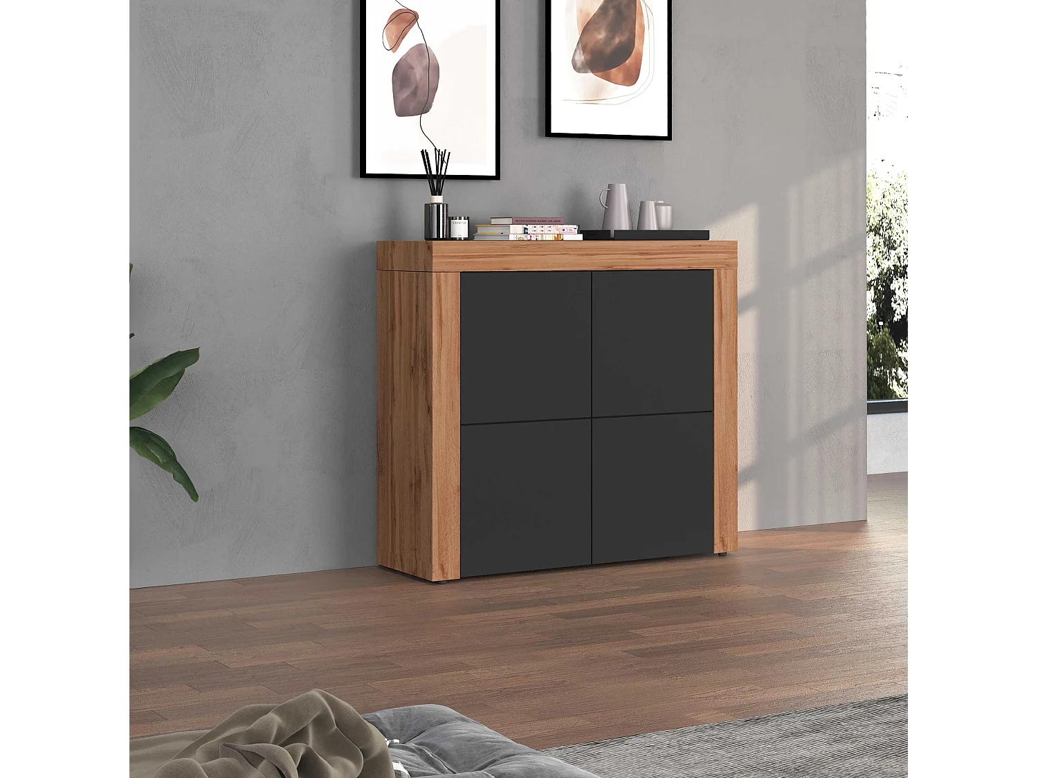 Aparador Chronos con 4 puertas, color antracita mate y roble, 140 x 40 x 130 cm