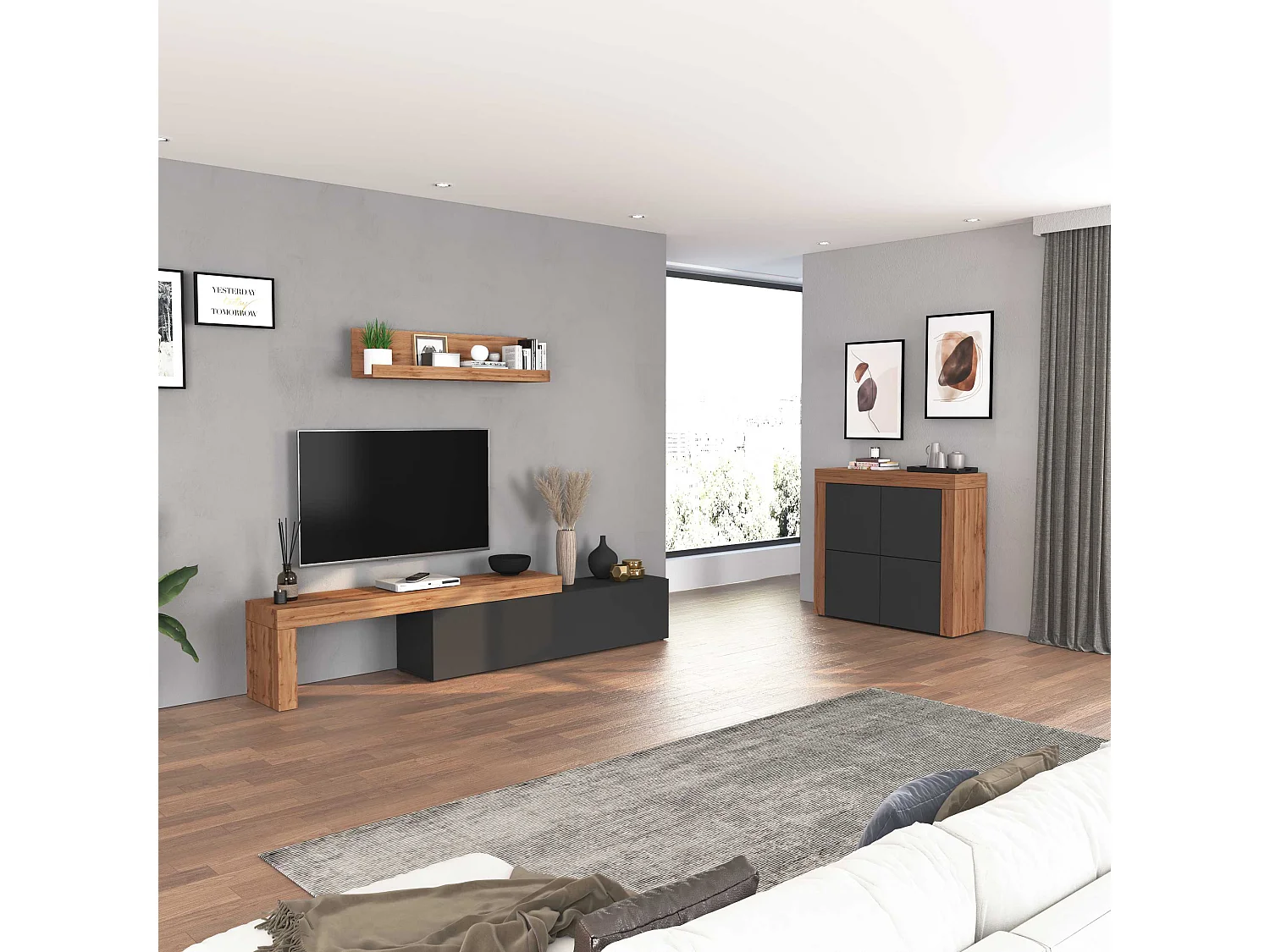 Aparador Chronos con 4 puertas, color antracita mate y roble, 140 x 40 x 130 cm