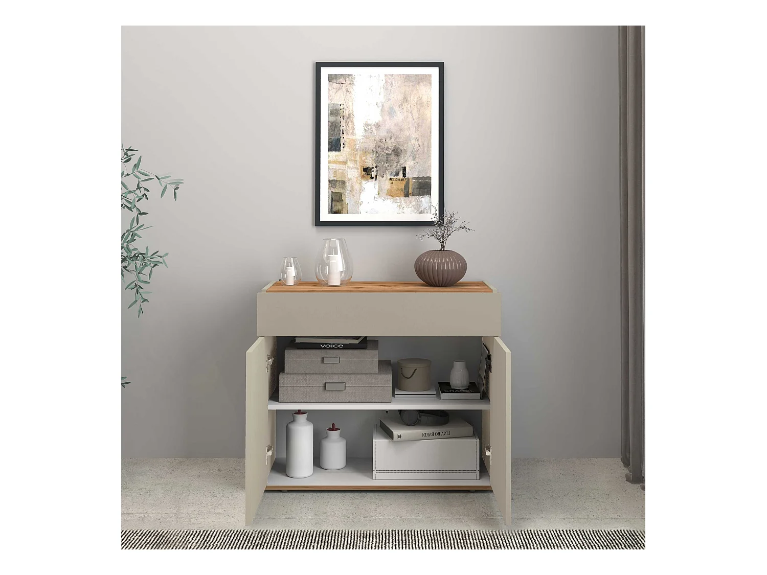 Credenza Garda 2 ante e 1 cassetto tortora opaco e rovere 80,9x35x70 cm