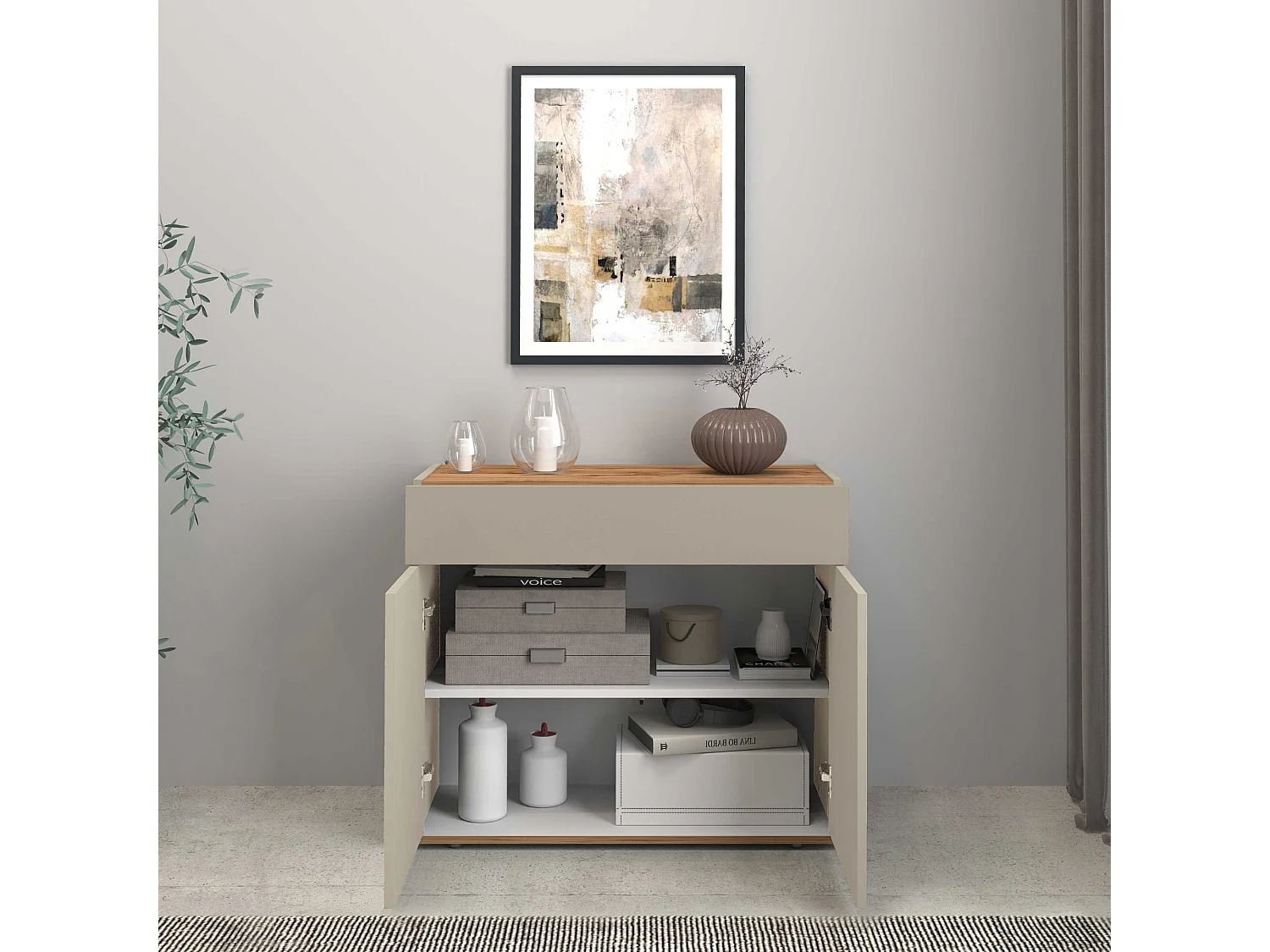 Credenza Garda 2 ante e 1 cassetto tortora opaco e rovere 80,9x35x70 cm