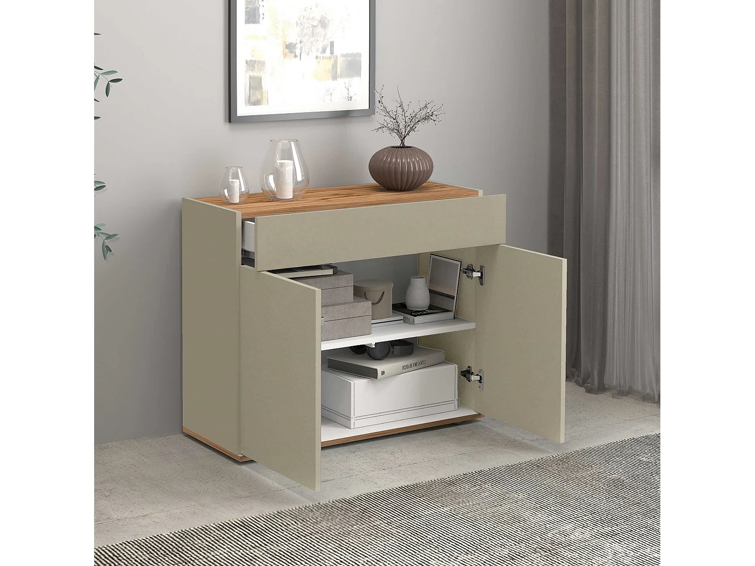 Credenza Garda 2 ante e 1 cassetto tortora opaco e rovere 80,9x35x70 cm