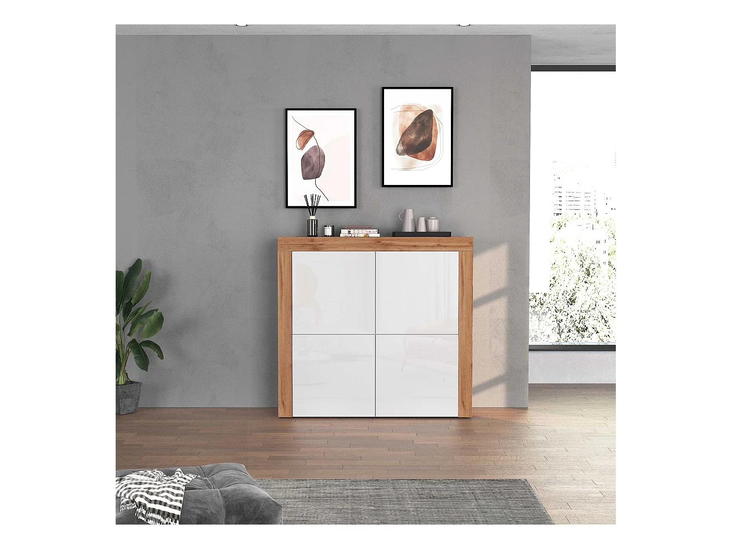 Madia Chronos a 4 ante bianco lucido e rovere 140x40x130 cm