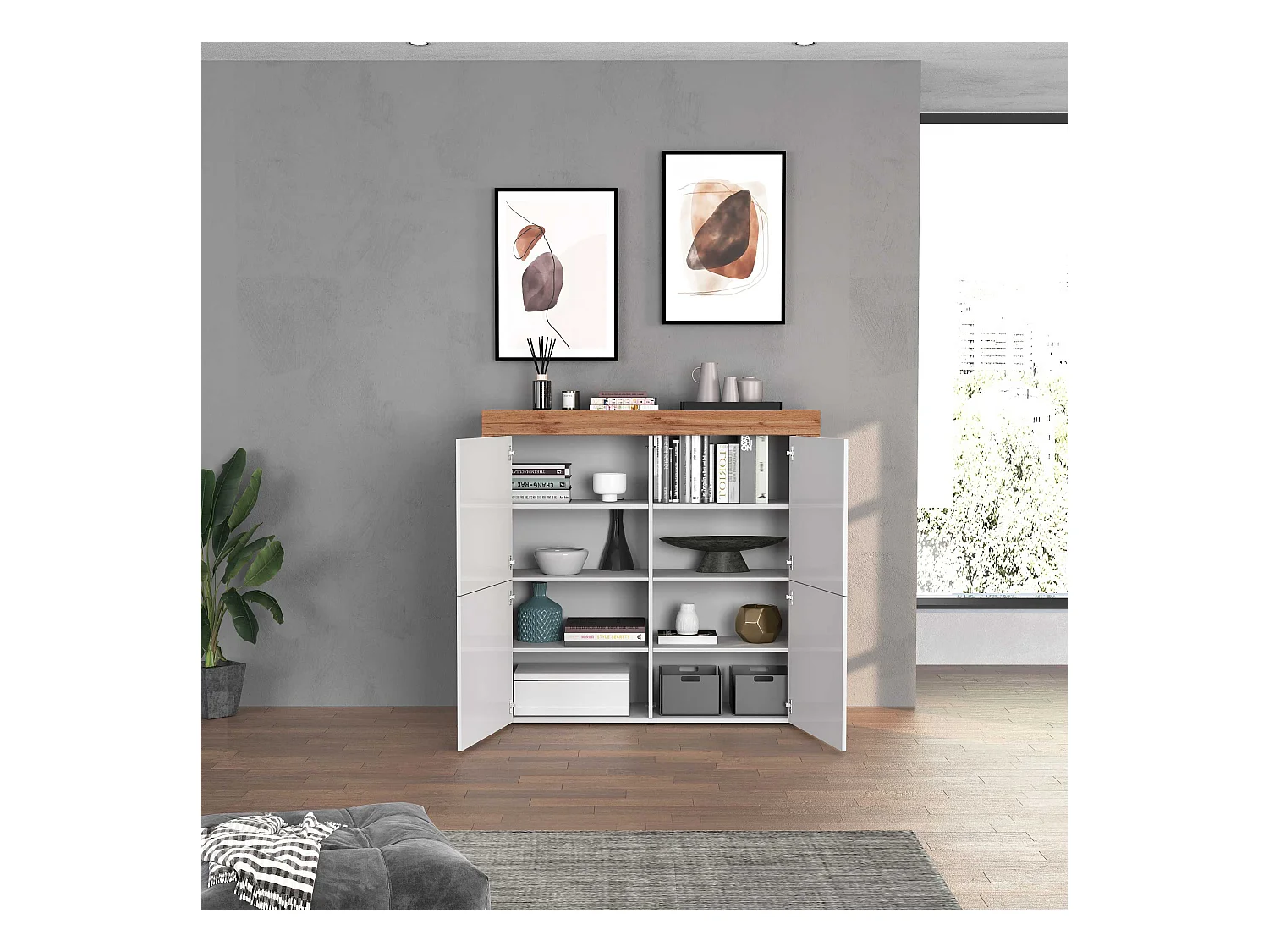 Madia Chronos a 4 ante bianco lucido e rovere 140x40x130 cm