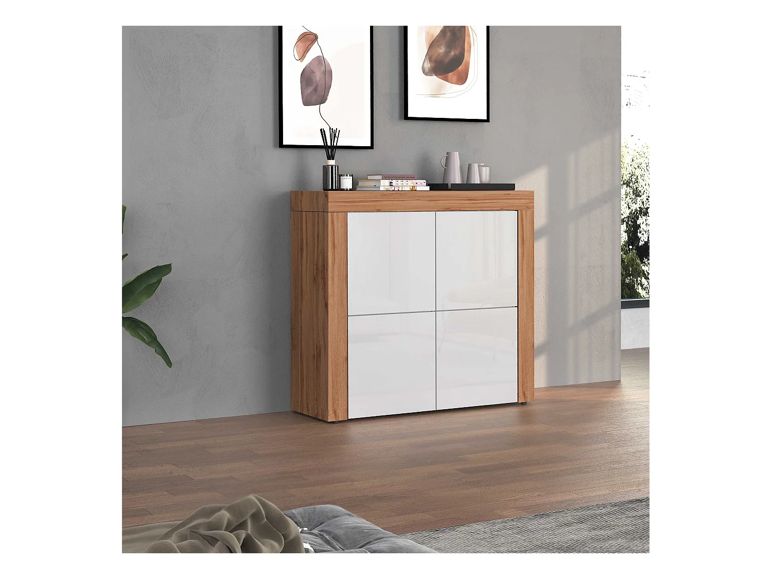 Madia Chronos a 4 ante bianco lucido e rovere 140x40x130 cm