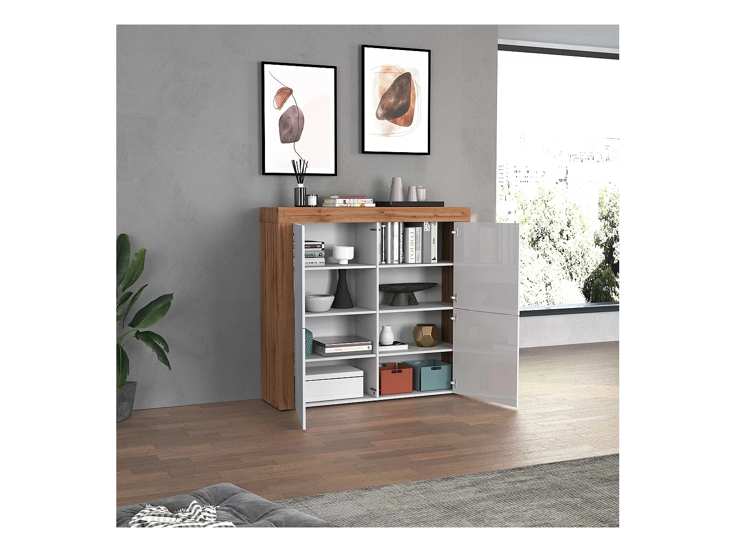 Madia Chronos a 4 ante bianco lucido e rovere 140x40x130 cm