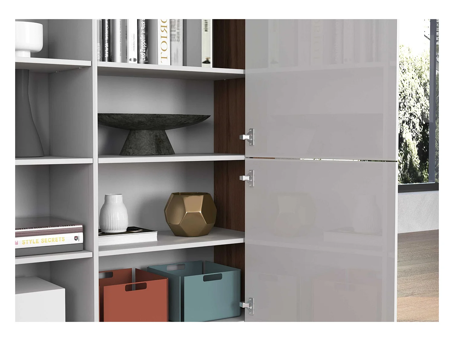 Madia Chronos a 4 ante bianco lucido e rovere 140x40x130 cm