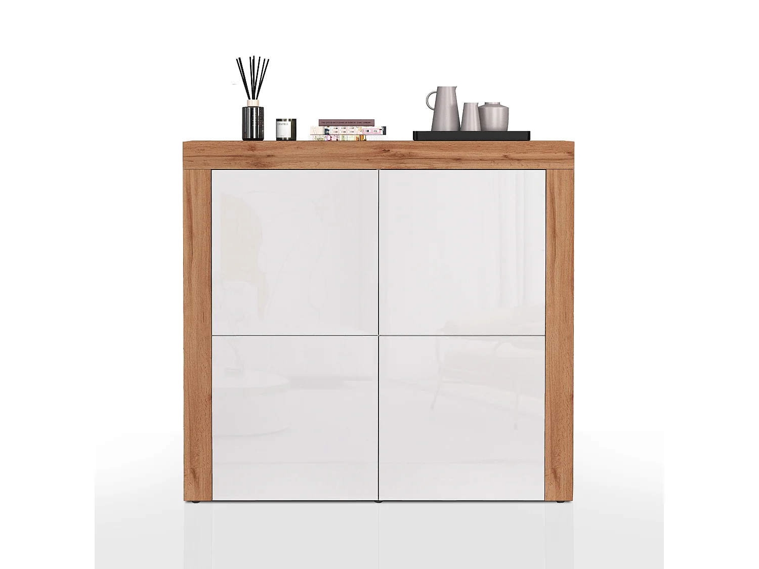 Aparador Chronos con 4 puertas en blanco brillo y roble 140x40x130 cm