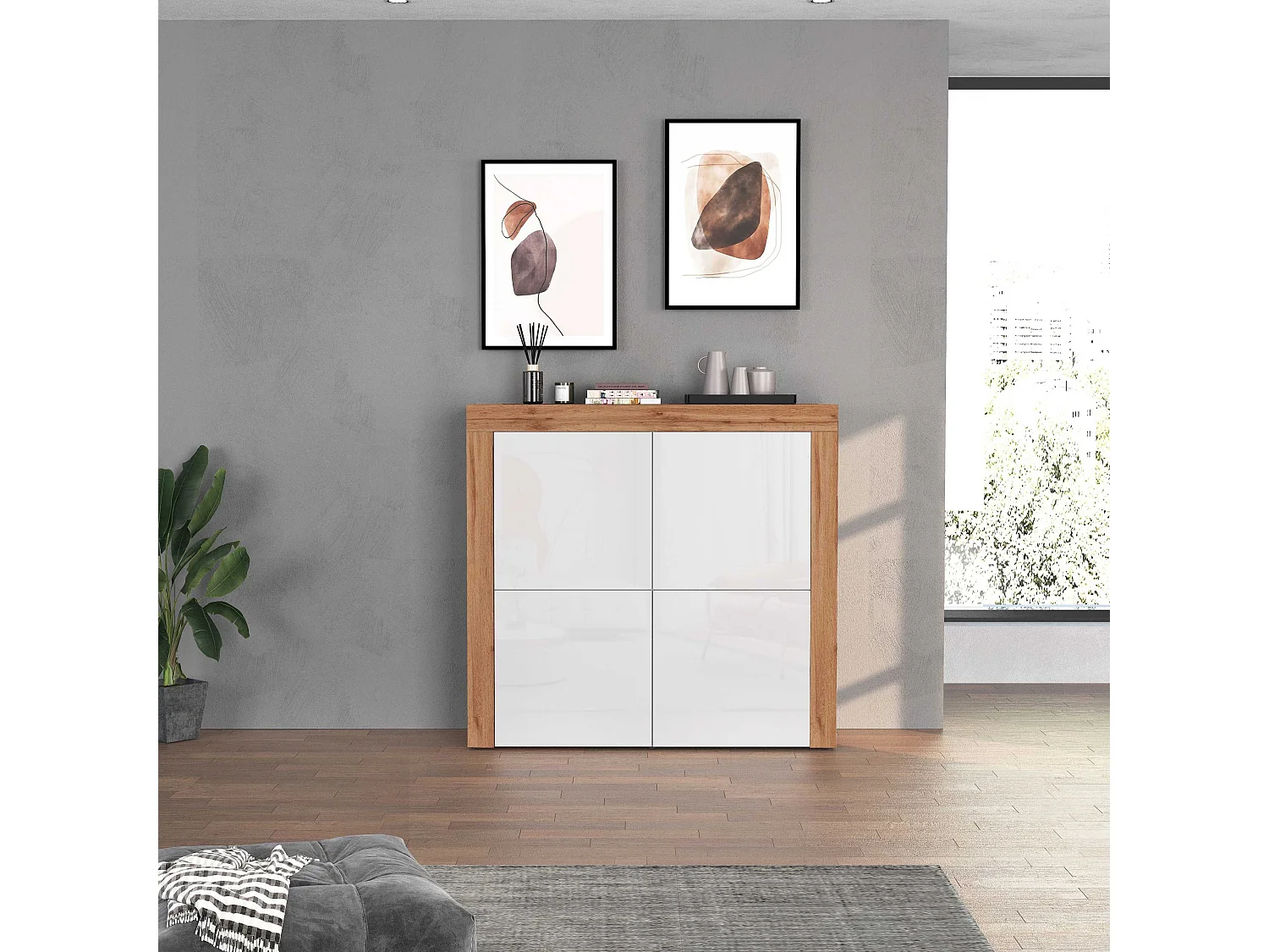 Aparador Chronos con 4 puertas en blanco brillo y roble 140x40x130 cm