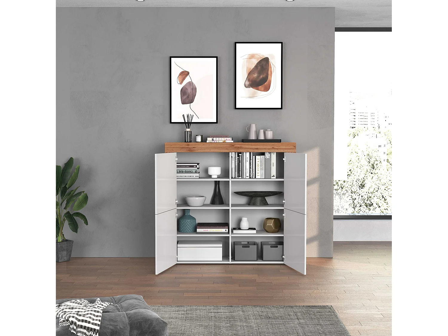 Aparador Chronos con 4 puertas en blanco brillo y roble 140x40x130 cm