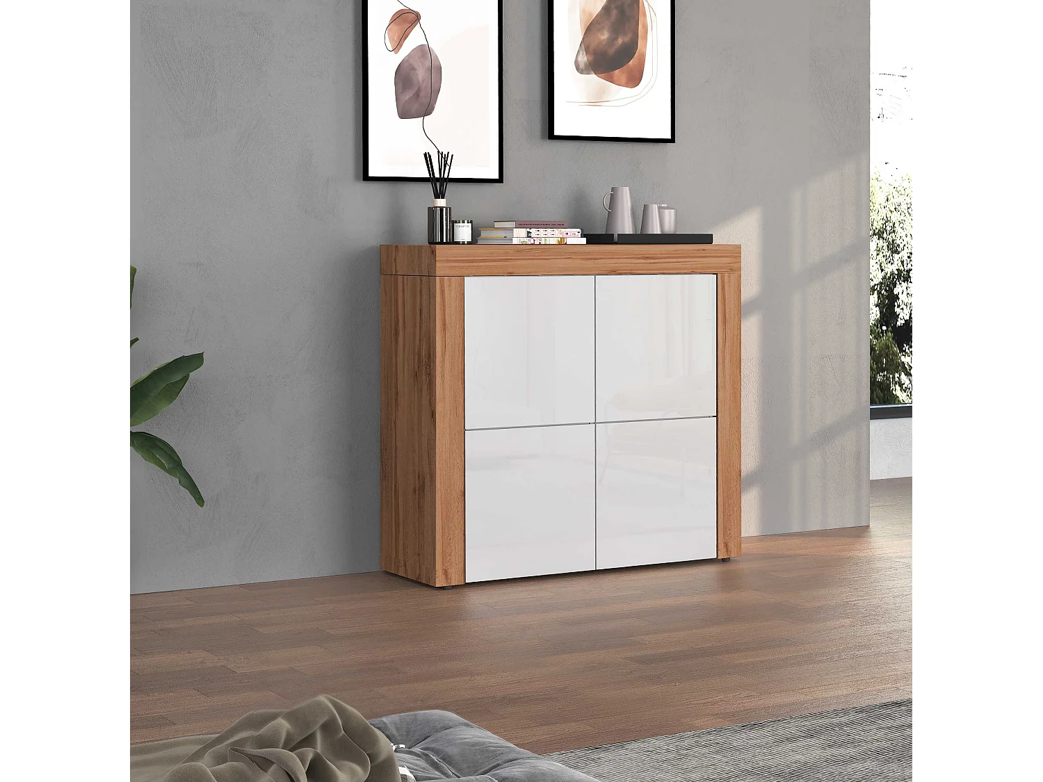 Aparador Chronos con 4 puertas en blanco brillo y roble 140x40x130 cm