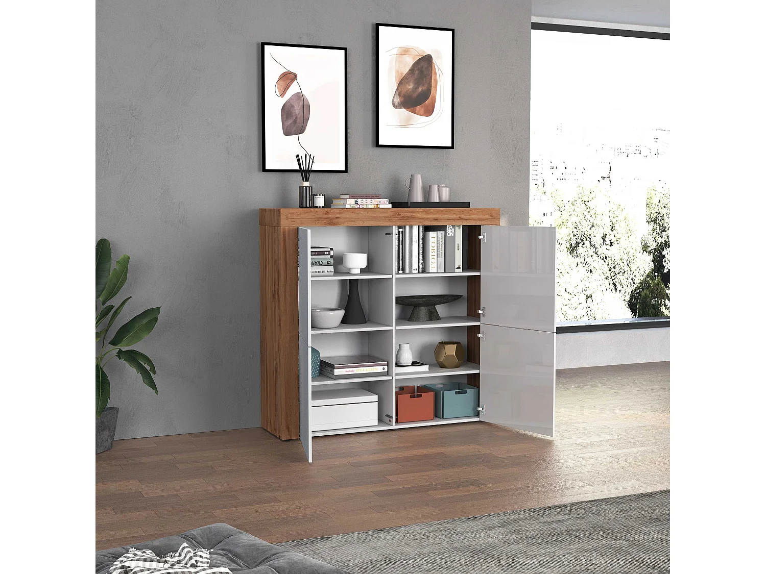 Aparador Chronos con 4 puertas en blanco brillo y roble 140x40x130 cm