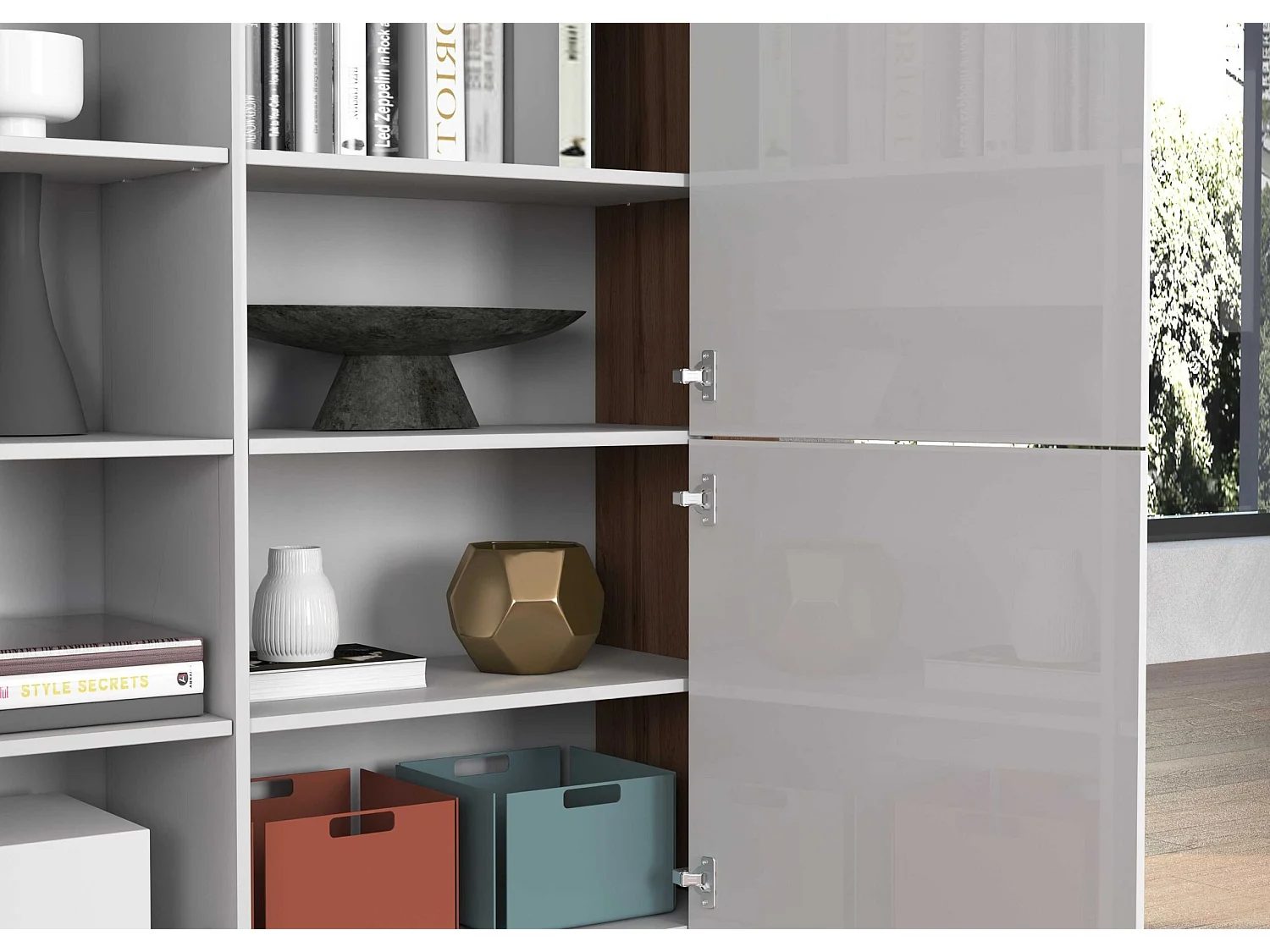 Aparador Chronos con 4 puertas en blanco brillo y roble 140x40x130 cm