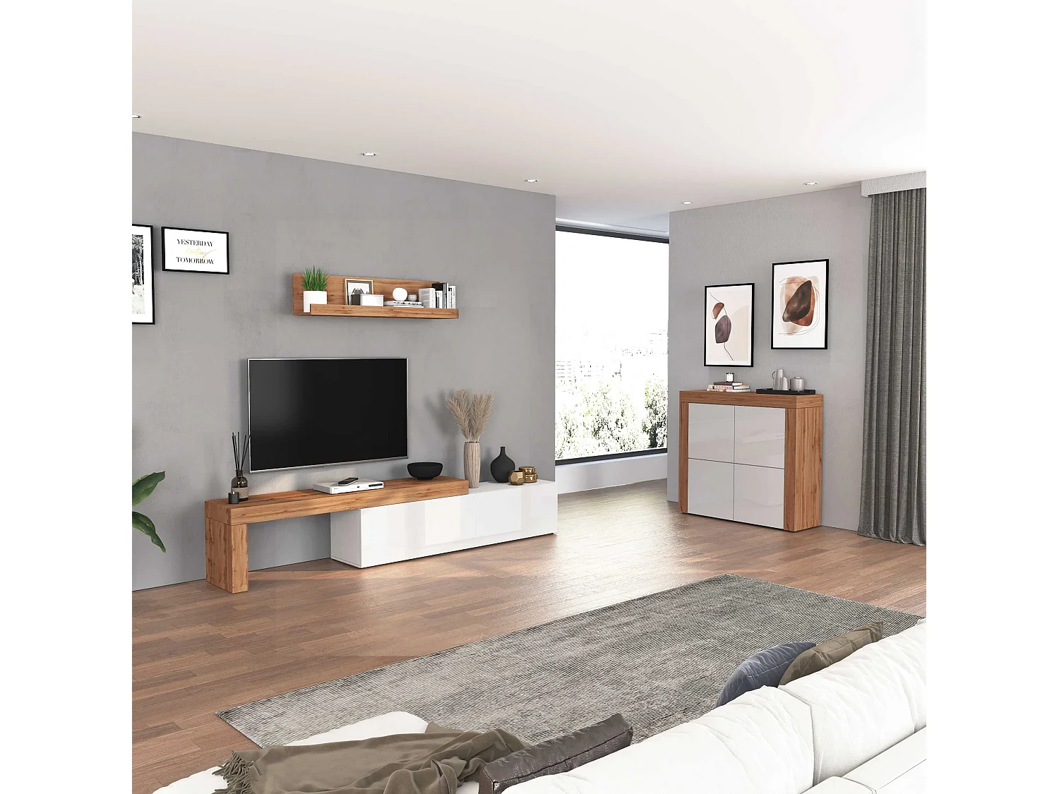 Aparador Chronos con 4 puertas en blanco brillo y roble 140x40x130 cm