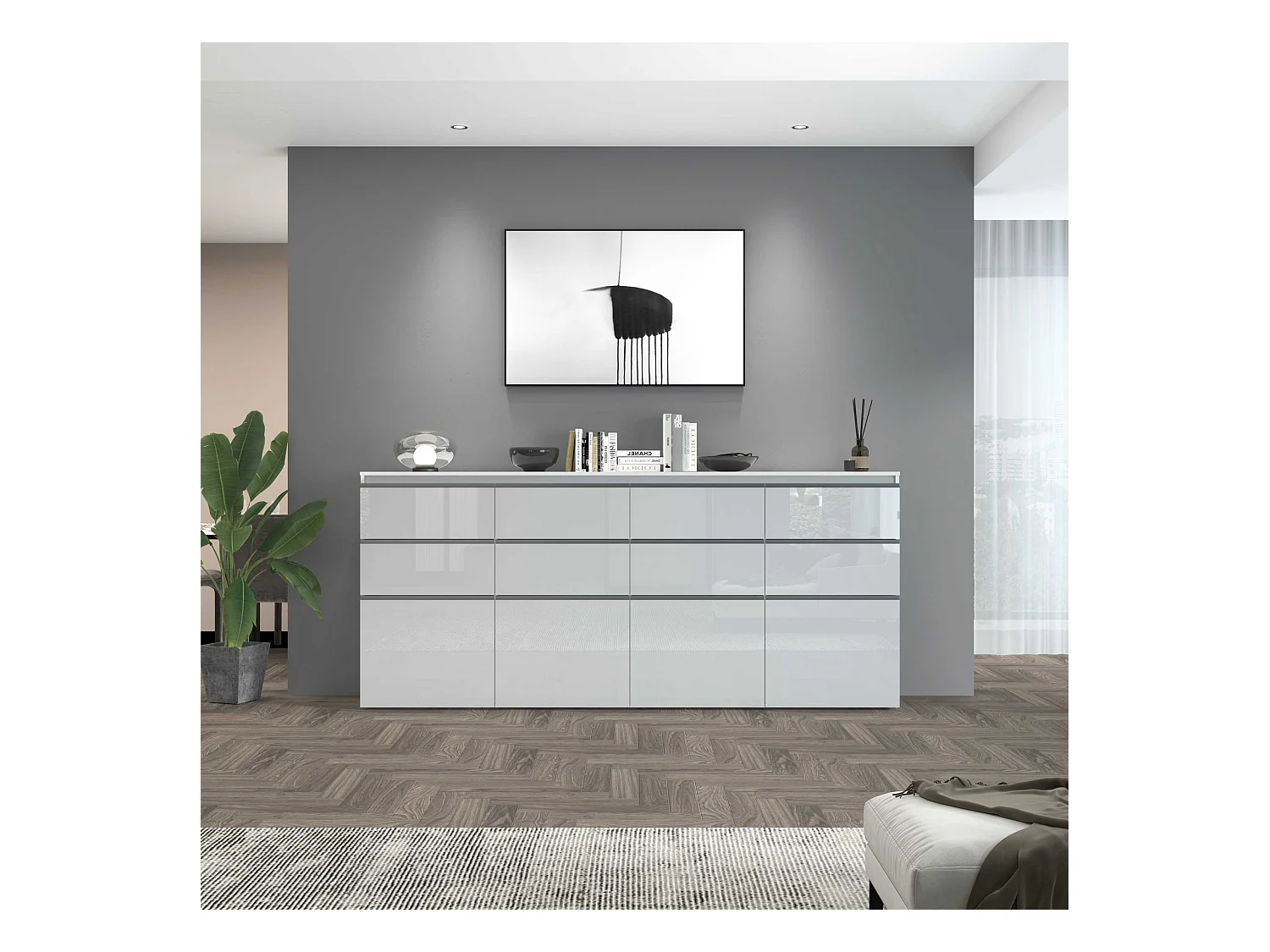 Credenza a cassettiera Magic 4 ante e 8 cassetti bianco lucido 240x40x105 cm
