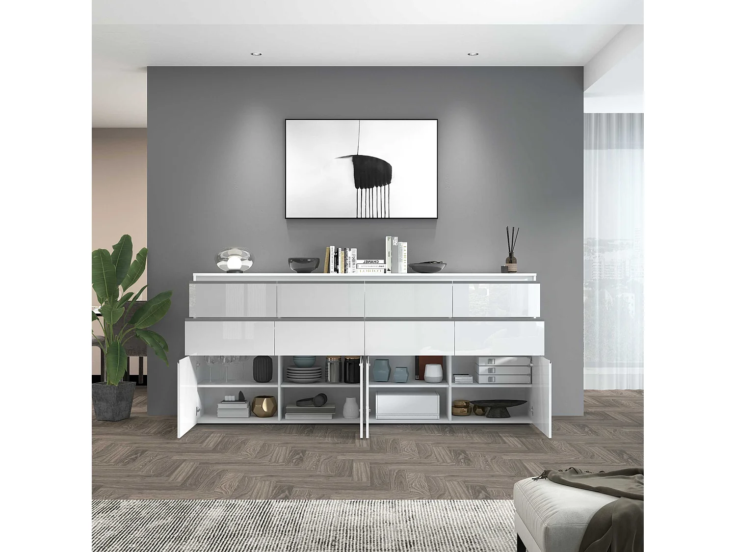 Credenza a cassettiera Magic 4 ante e 8 cassetti bianco lucido 240x40x105 cm