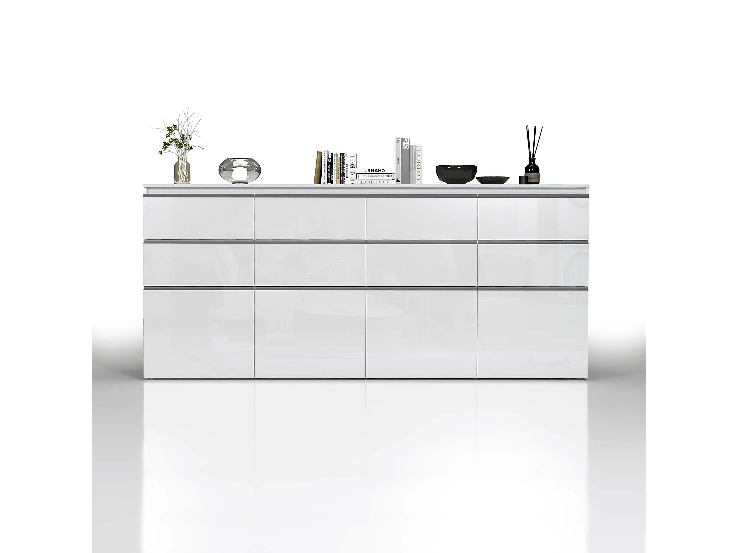 Credenza a cassettiera Magic 4 ante e 8 cassetti bianco lucido 240x40x105 cm