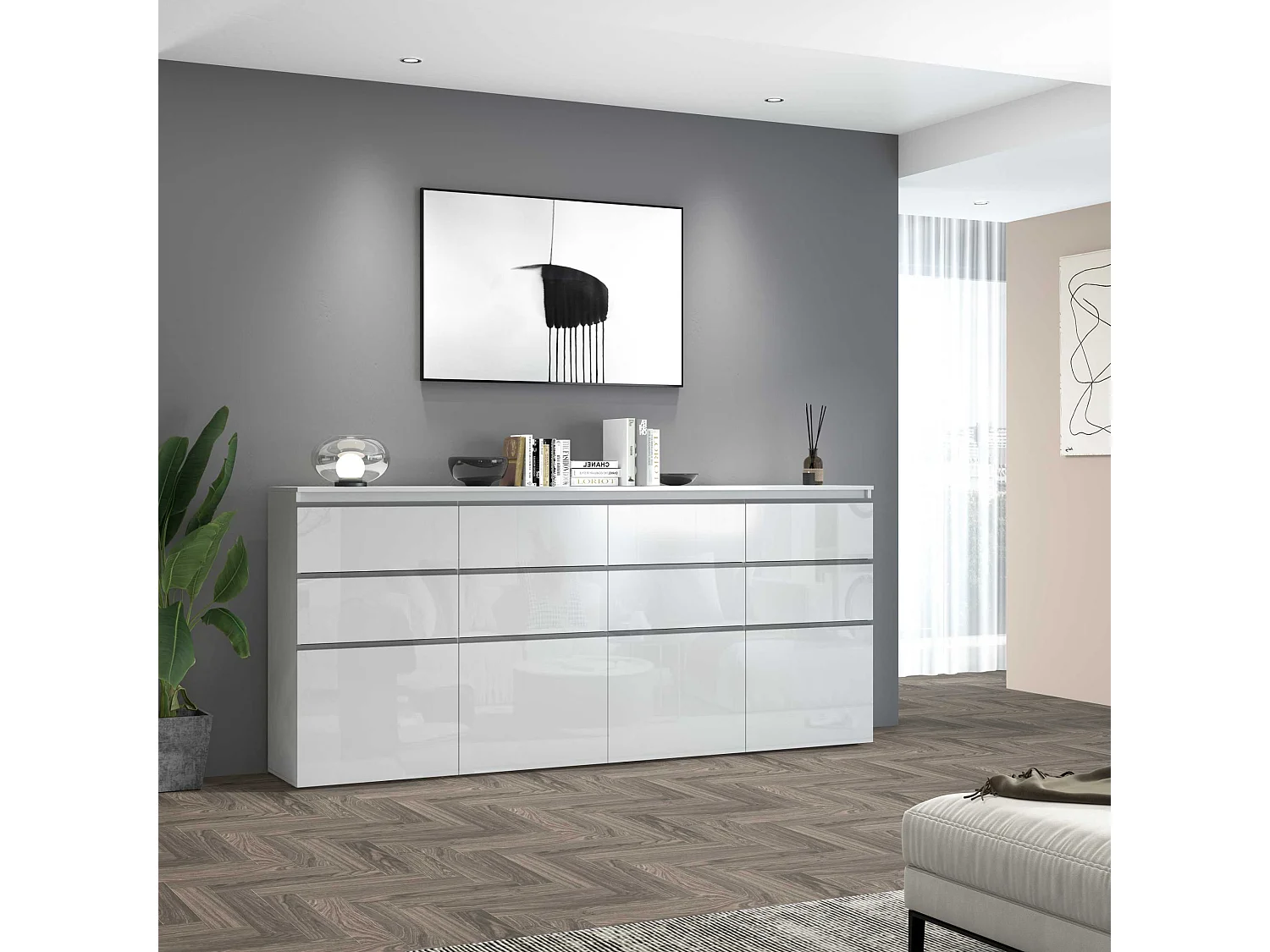 Credenza a cassettiera Magic 4 ante e 8 cassetti bianco lucido 240x40x105 cm