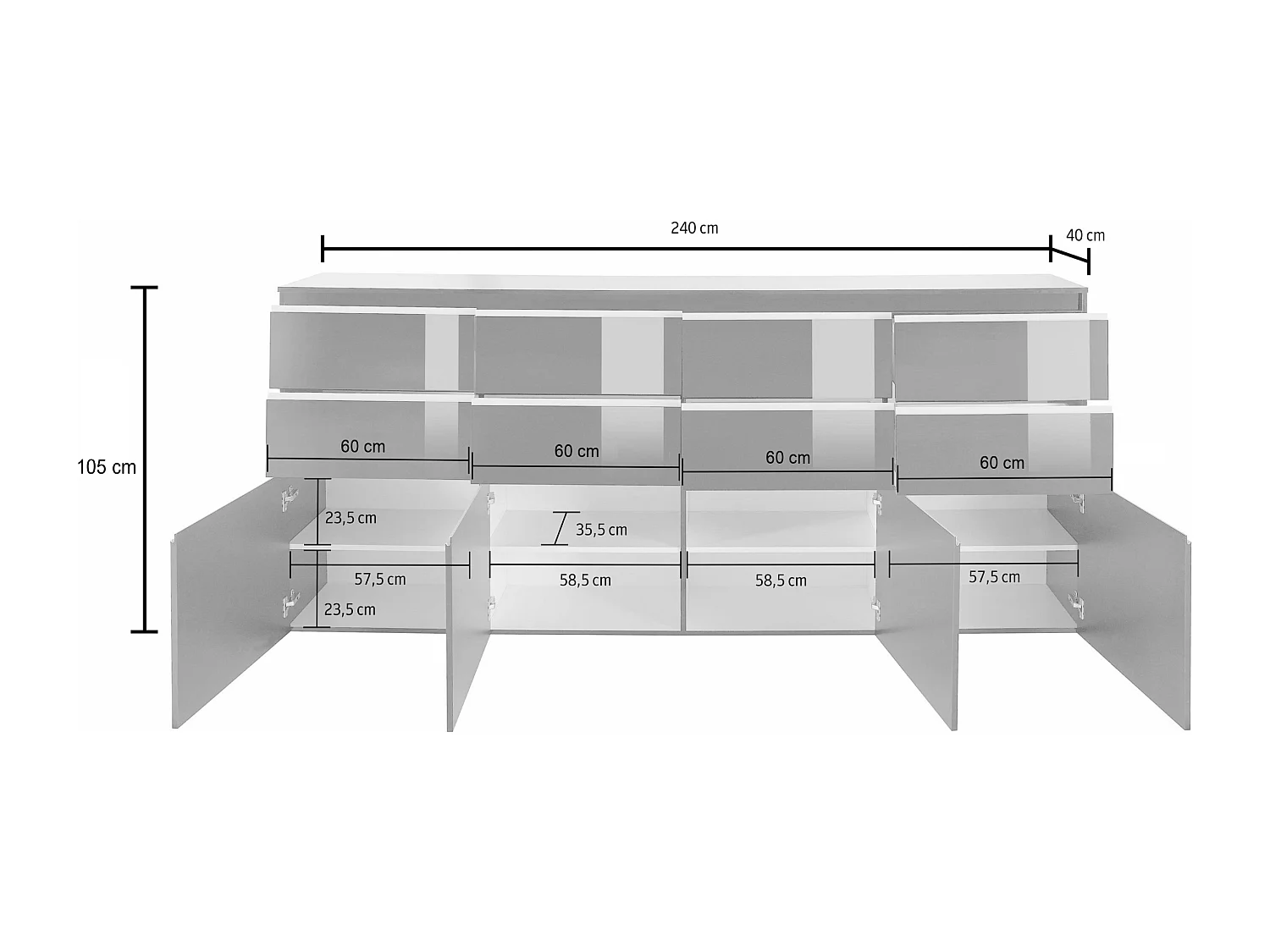 Credenza a cassettiera Magic 4 ante e 8 cassetti bianco lucido 240x40x105 cm