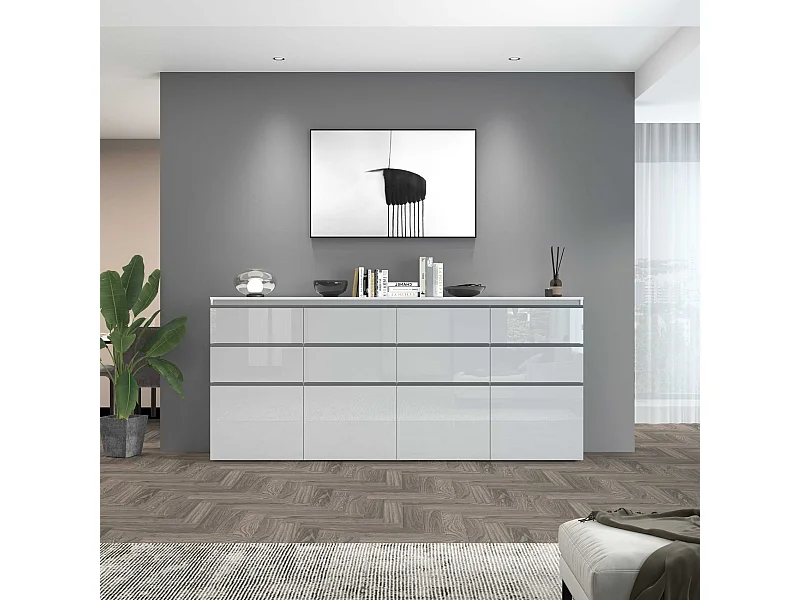 Credenza a cassettiera Magic 4 ante e 8 cassetti bianco lucido 240x40x105 cm