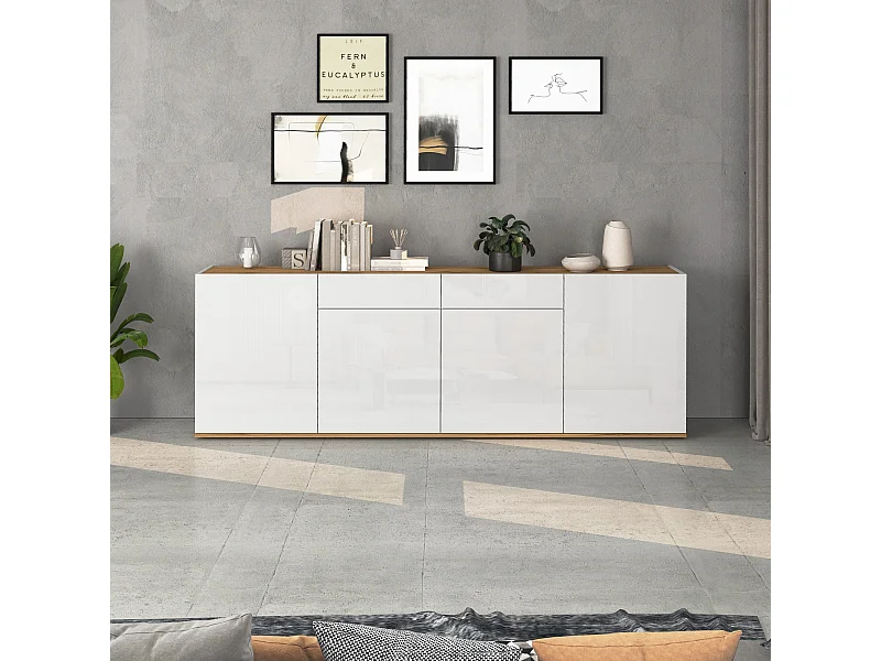 Madia Garda a 4 ante e 2 cassetti bianco lucido e rovere 200x35x71 cm