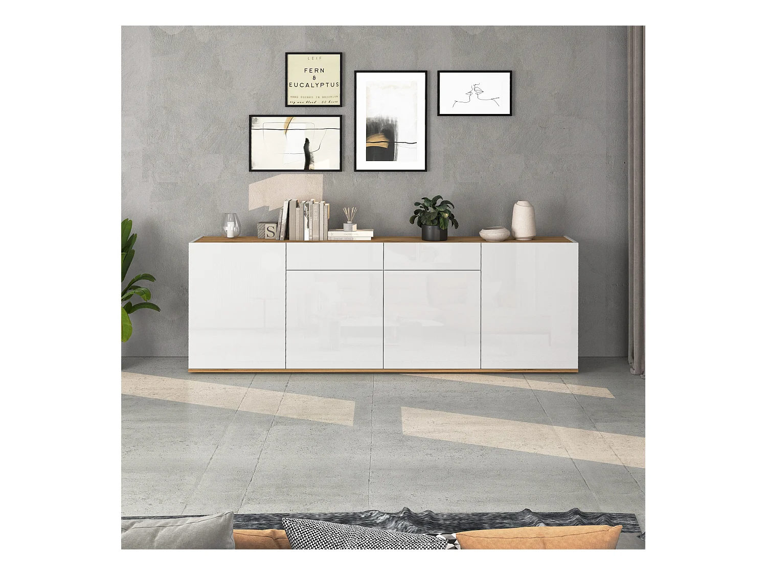 Madia Garda a 4 ante e 2 cassetti bianco lucido e rovere 200x35x71 cm