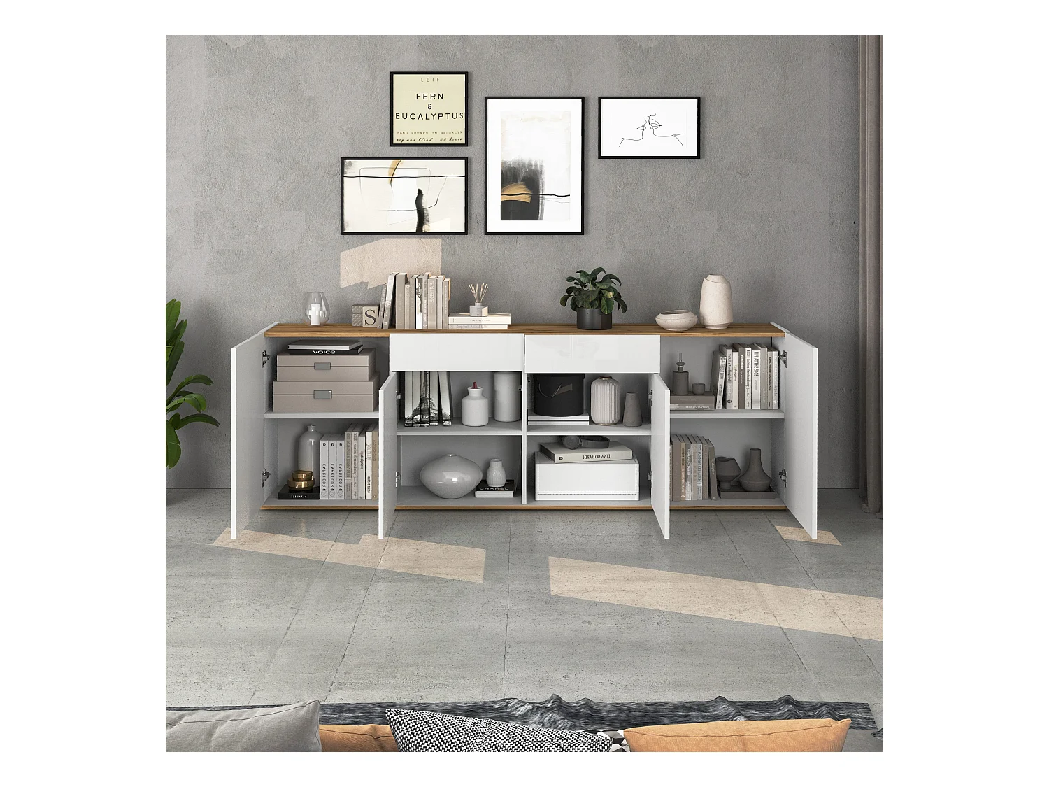 Madia Garda a 4 ante e 2 cassetti bianco lucido e rovere 200x35x71 cm