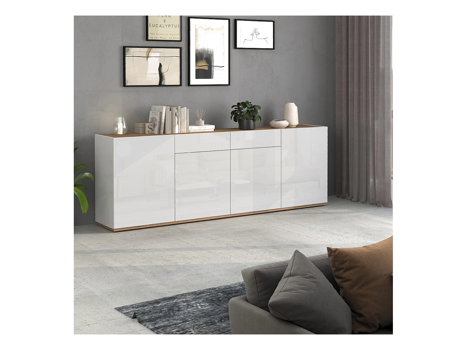 Madia Garda a 4 ante e 2 cassetti bianco lucido e rovere 200x35x71 cm