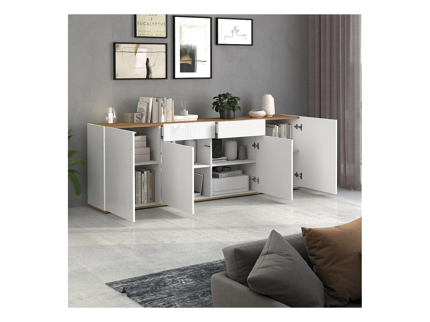 Madia Garda a 4 ante e 2 cassetti bianco lucido e rovere 200x35x71 cm