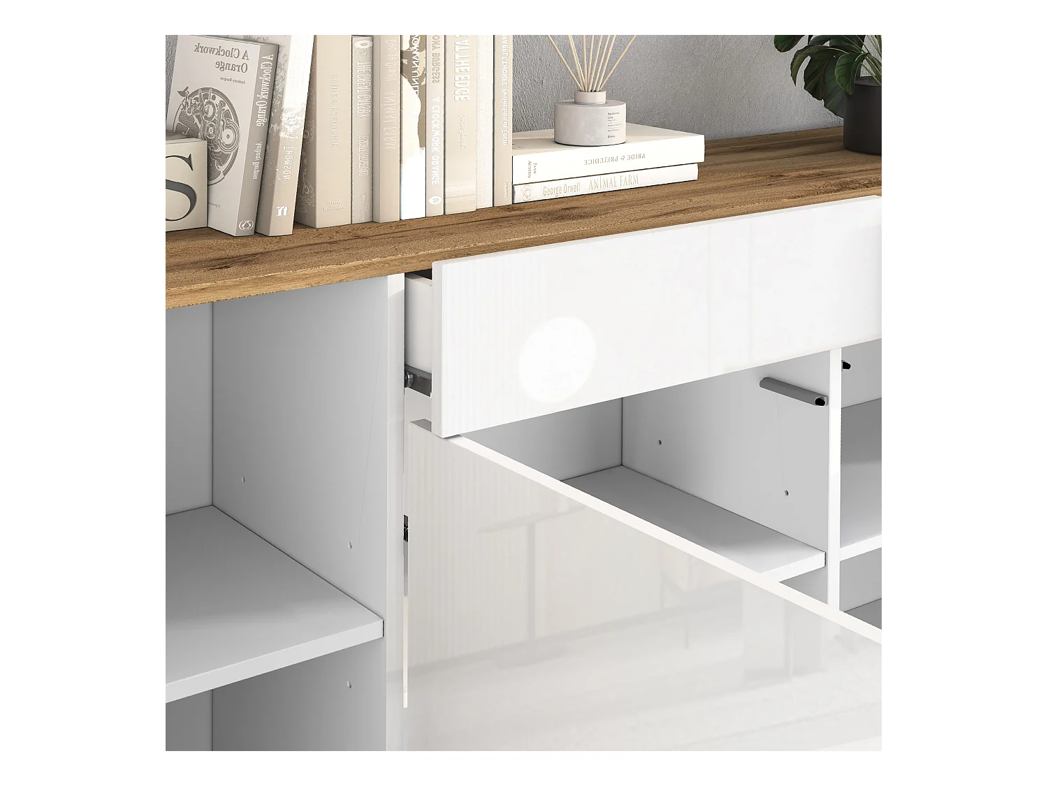 Madia Garda a 4 ante e 2 cassetti bianco lucido e rovere 200x35x71 cm