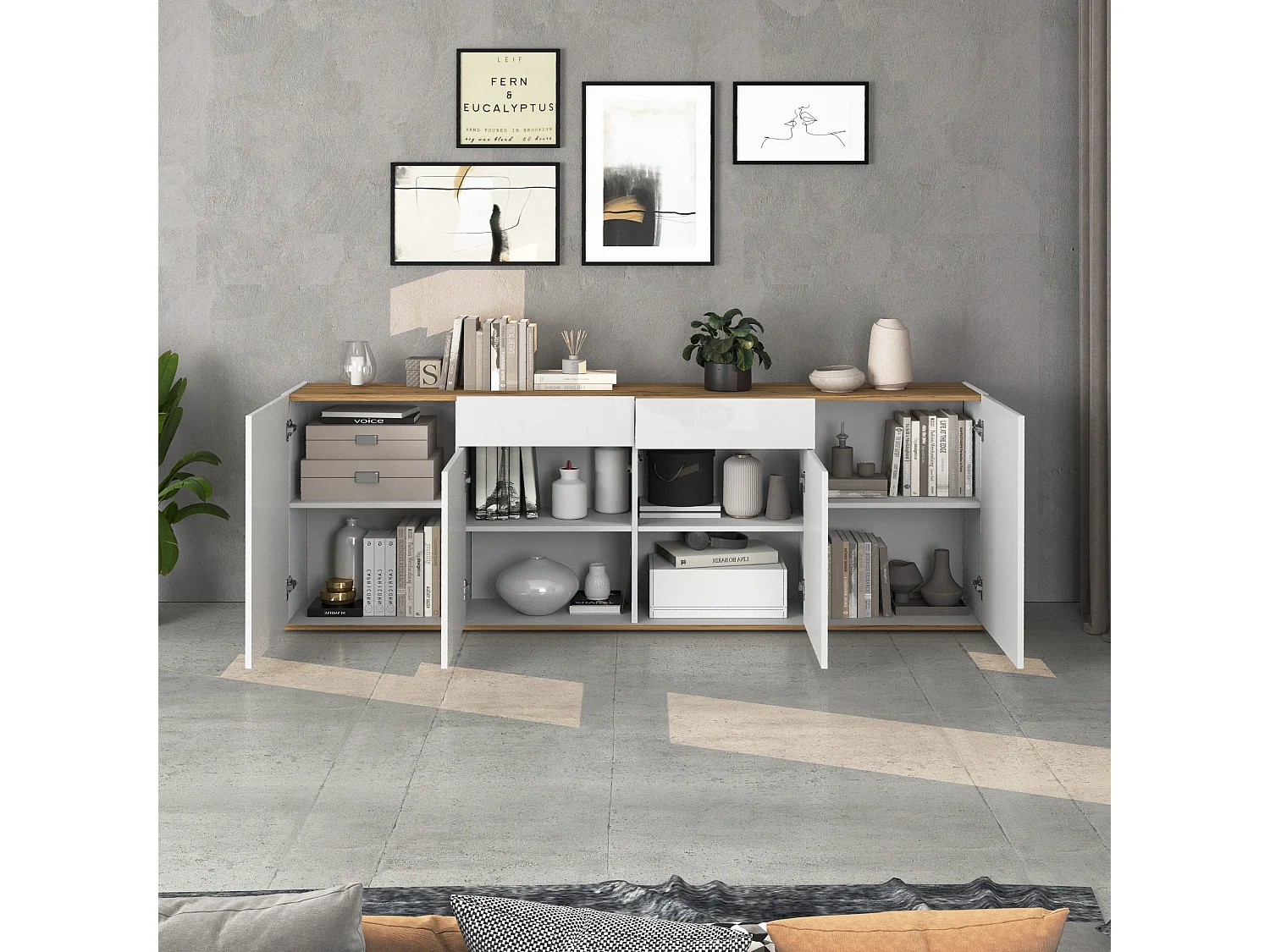 Madia Garda a 4 ante e 2 cassetti bianco lucido e rovere 200x35x71 cm