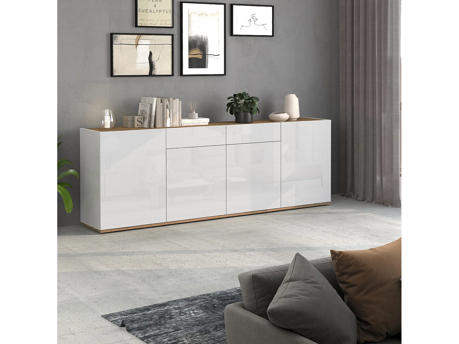 Madia Garda a 4 ante e 2 cassetti bianco lucido e rovere 200x35x71 cm