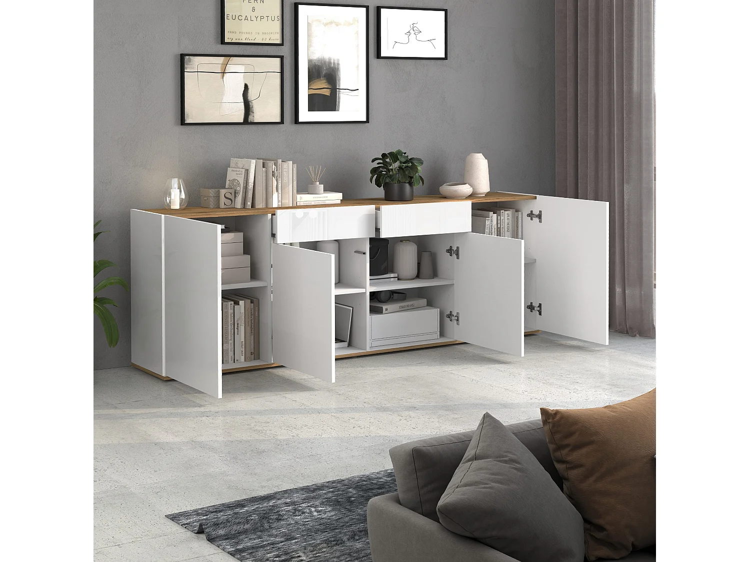 Madia Garda a 4 ante e 2 cassetti bianco lucido e rovere 200x35x71 cm