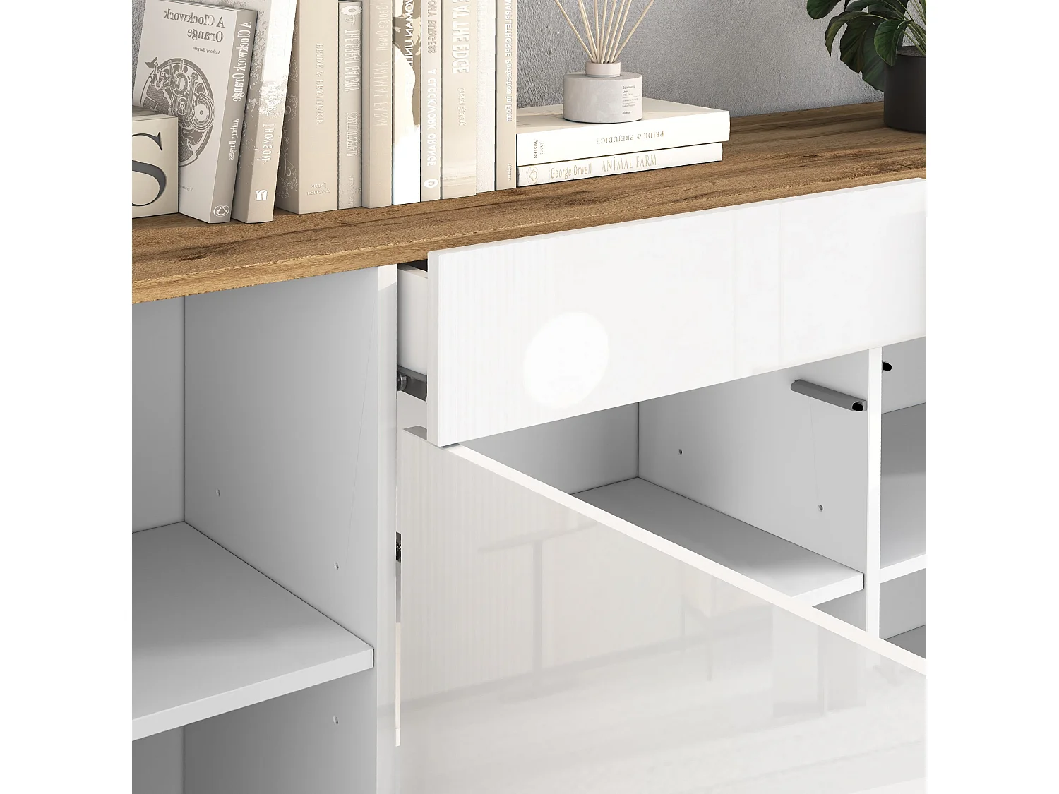 Madia Garda a 4 ante e 2 cassetti bianco lucido e rovere 200x35x71 cm