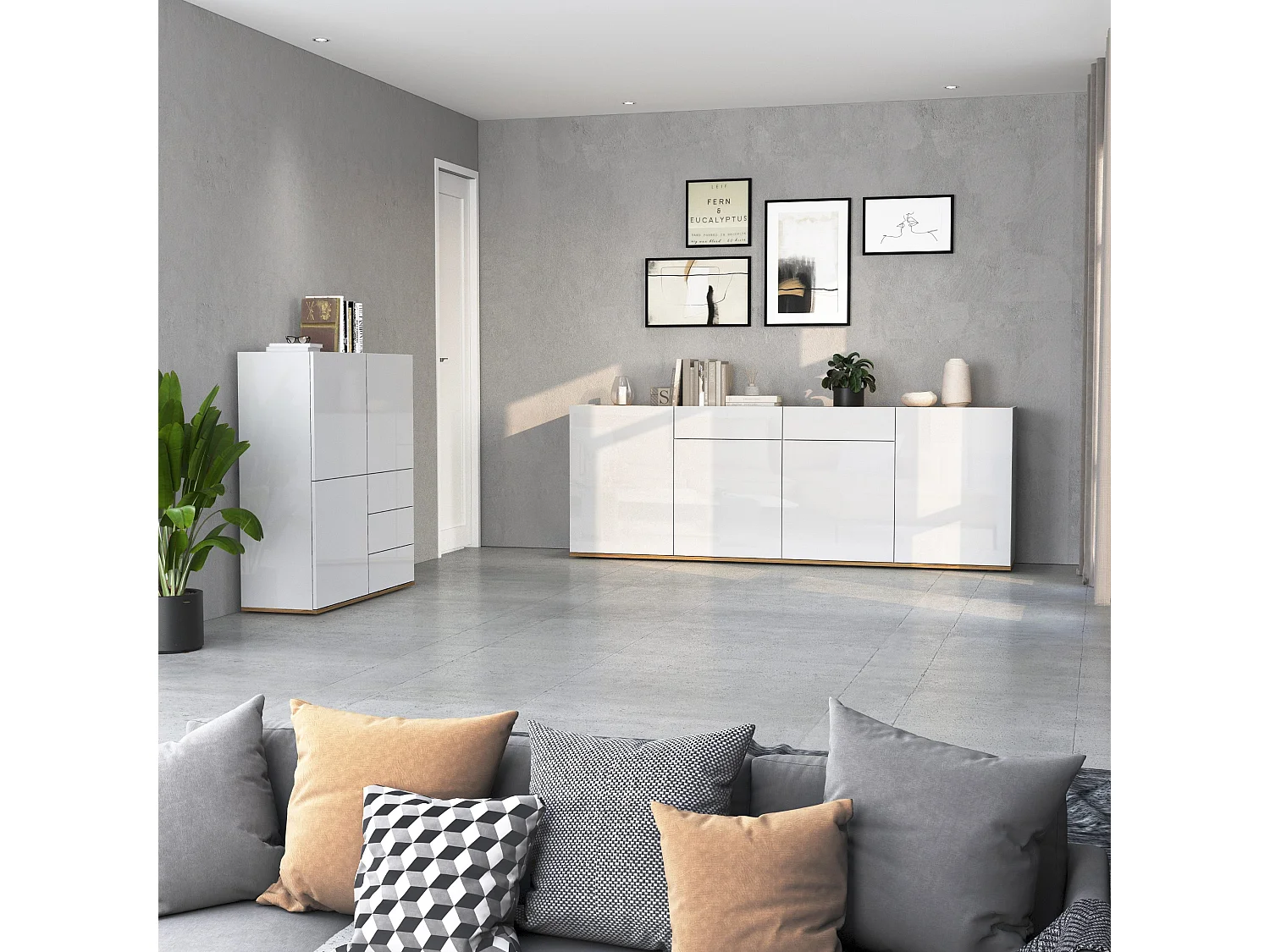 Madia Garda a 4 ante e 2 cassetti bianco lucido e rovere 200x35x71 cm