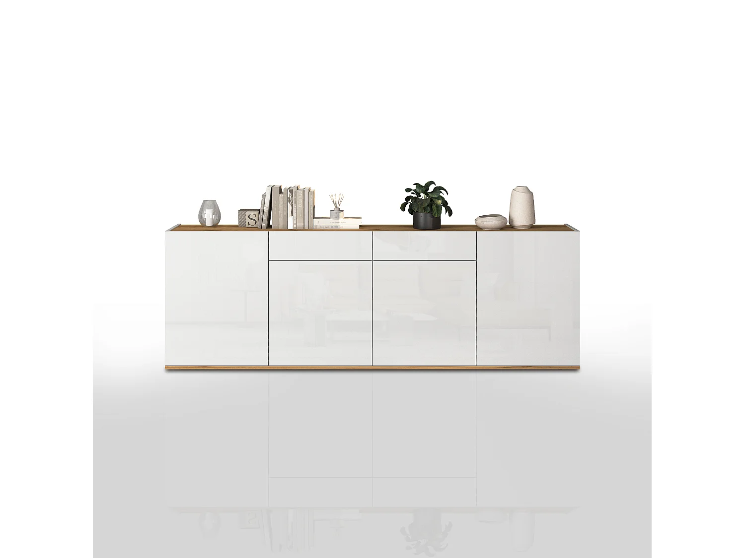 Madia Garda a 4 ante e 2 cassetti bianco lucido e rovere 200x35x71 cm