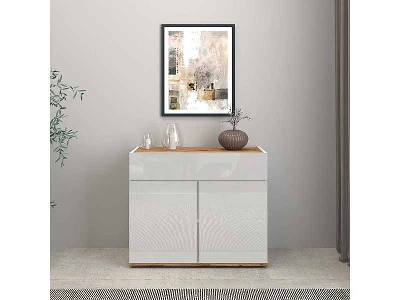 Credenza Garda 2 ante e 1 cassetto bianco lucido e rovere 80,9x35x70 cm