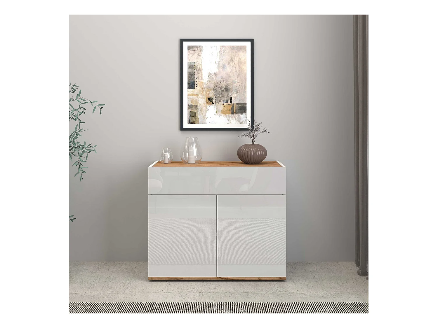 Credenza Garda 2 ante e 1 cassetto bianco lucido e rovere 80,9x35x70 cm