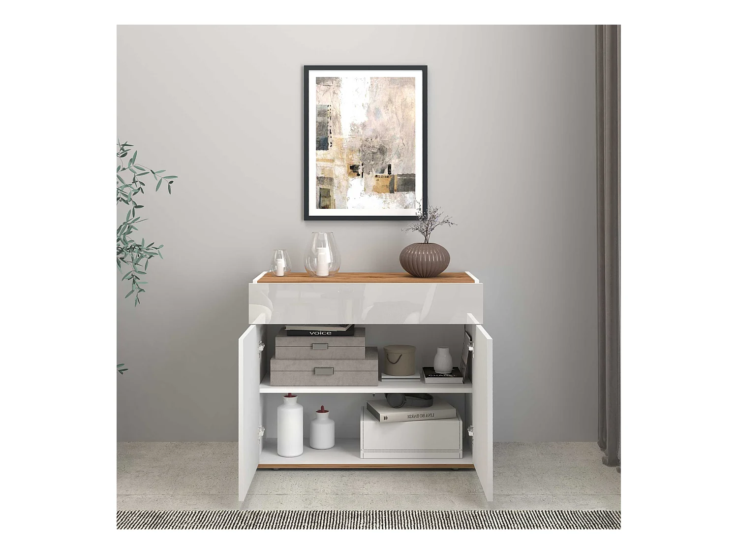 Credenza Garda 2 ante e 1 cassetto bianco lucido e rovere 80,9x35x70 cm