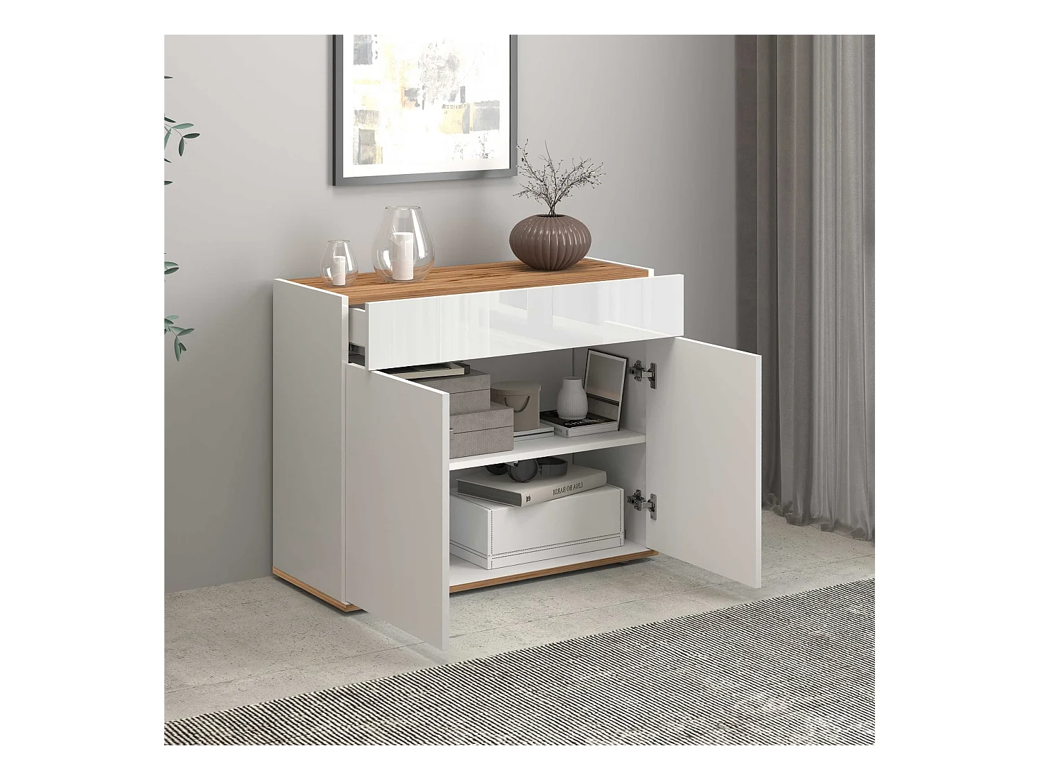Credenza Garda 2 ante e 1 cassetto bianco lucido e rovere 80,9x35x70 cm