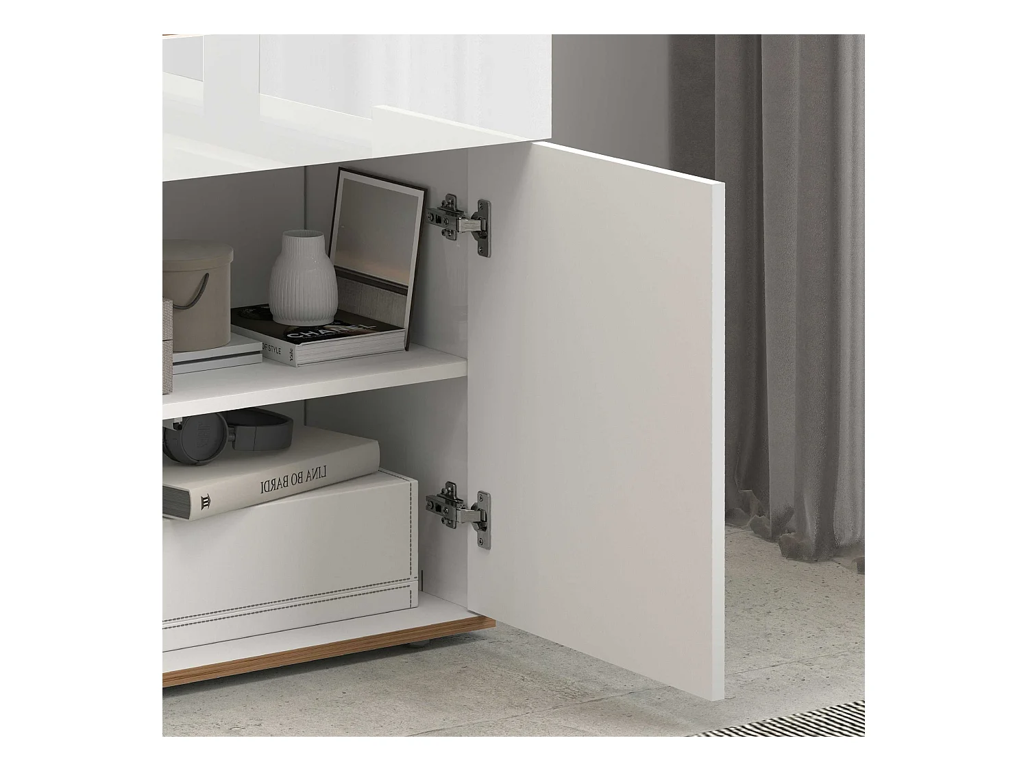 Credenza Garda 2 ante e 1 cassetto bianco lucido e rovere 80,9x35x70 cm