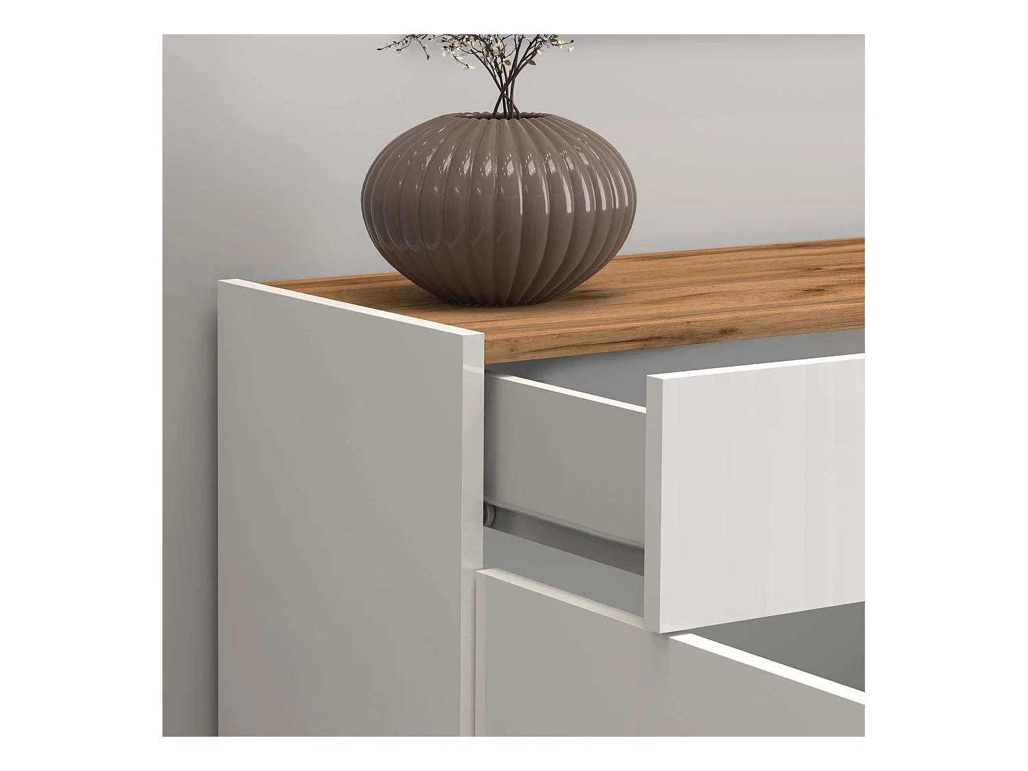 Credenza Garda 2 ante e 1 cassetto bianco lucido e rovere 80,9x35x70 cm