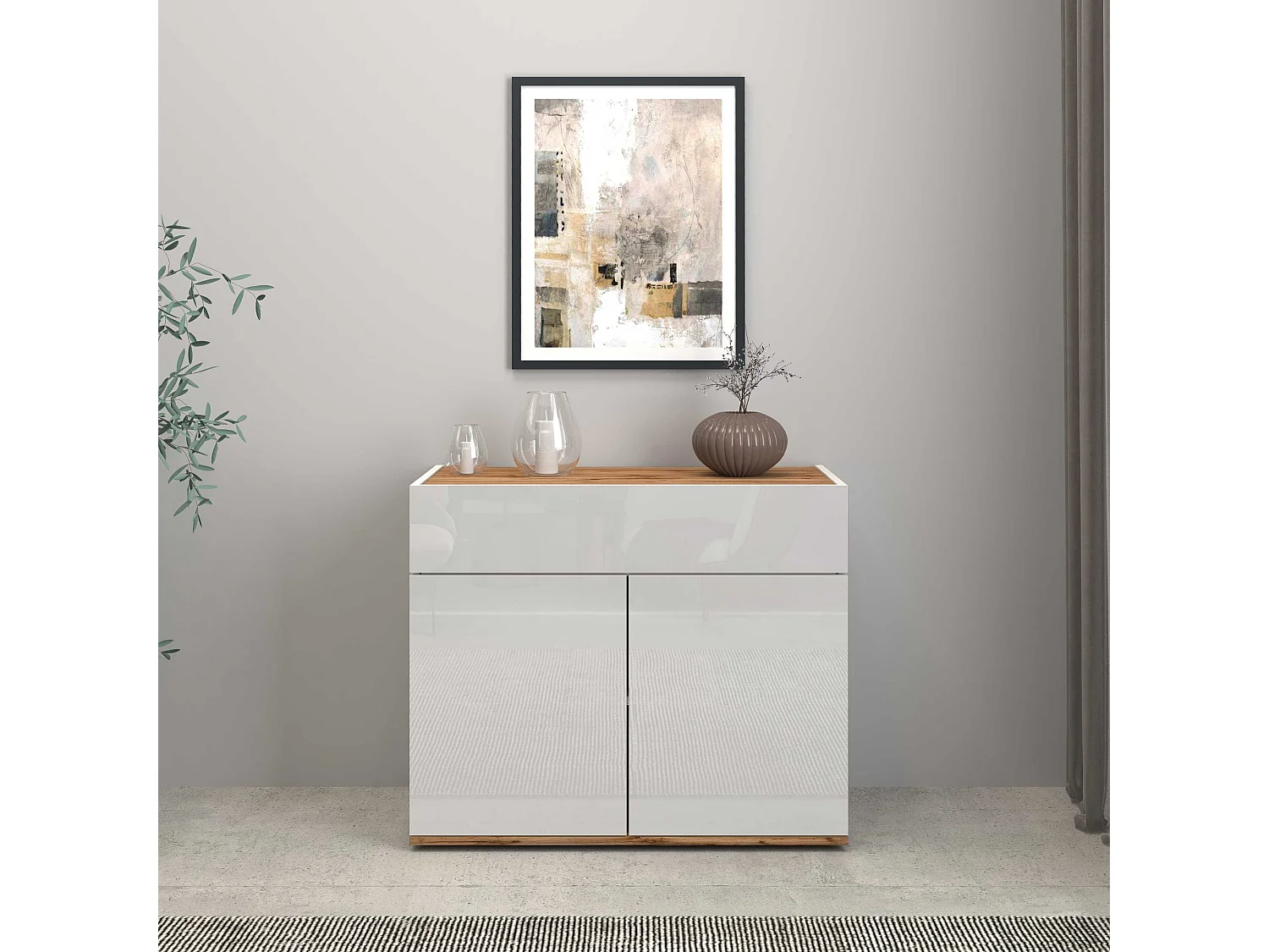 Credenza Garda 2 ante e 1 cassetto bianco lucido e rovere 80,9x35x70 cm