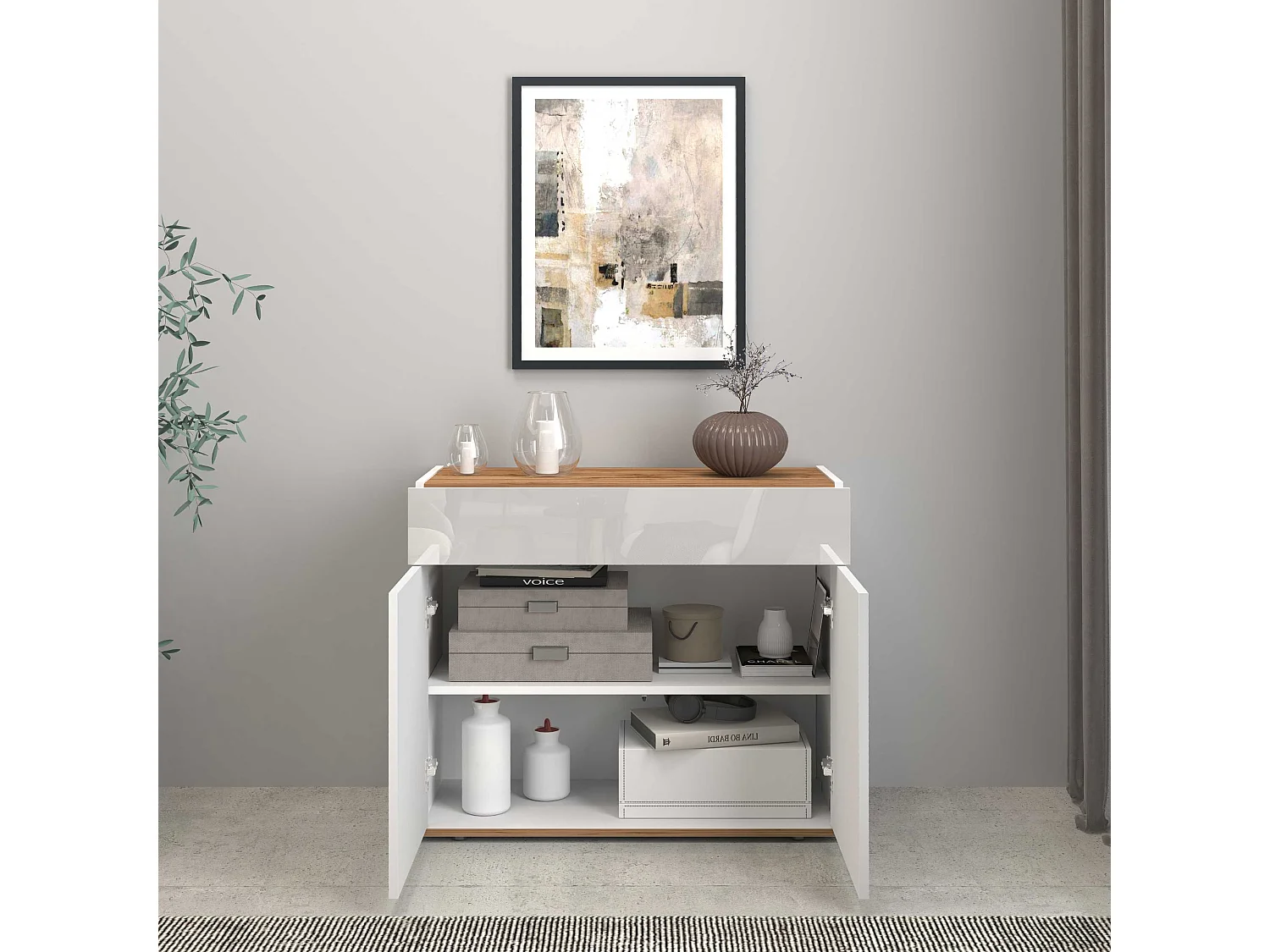 Credenza Garda 2 ante e 1 cassetto bianco lucido e rovere 80,9x35x70 cm