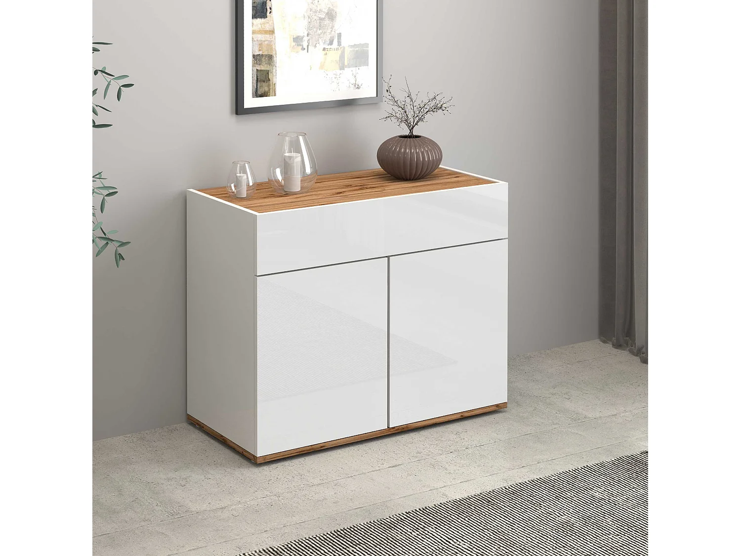 Credenza Garda 2 ante e 1 cassetto bianco lucido e rovere 80,9x35x70 cm