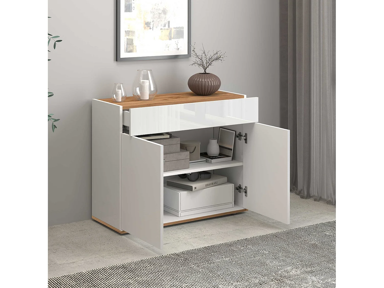 Credenza Garda 2 ante e 1 cassetto bianco lucido e rovere 80,9x35x70 cm