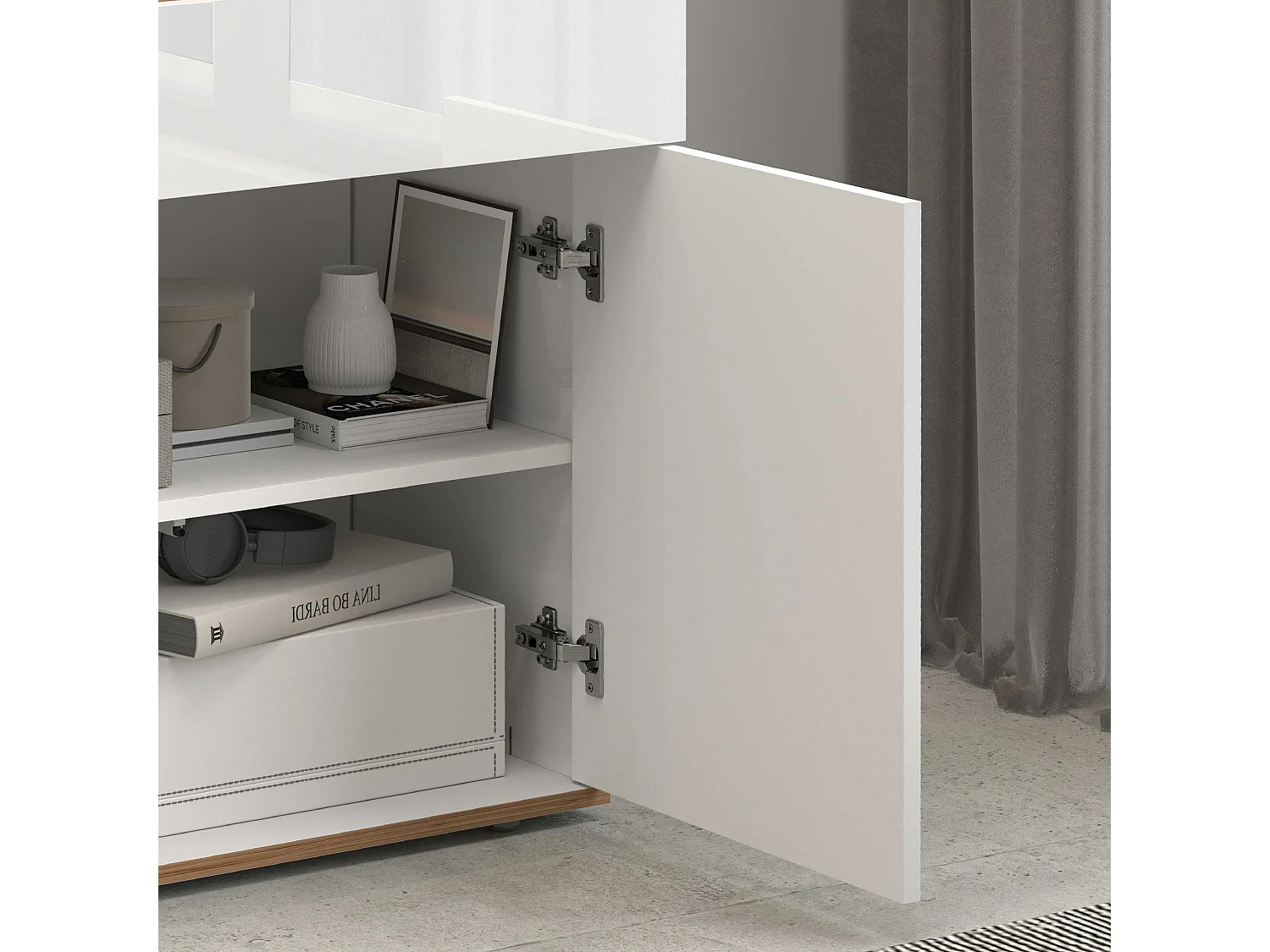 Credenza Garda 2 ante e 1 cassetto bianco lucido e rovere 80,9x35x70 cm