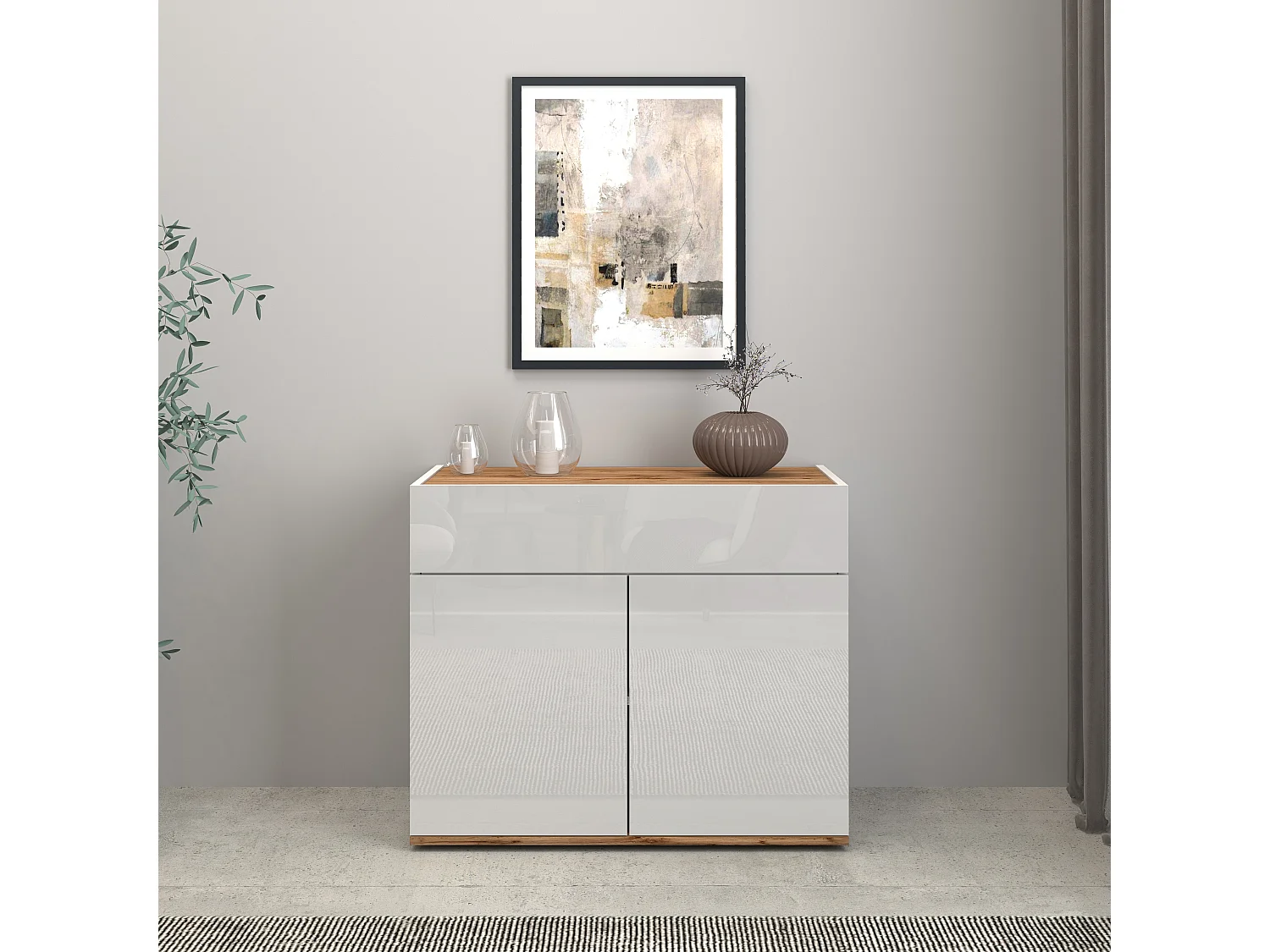 Aparador Garda con 2 puertas y 1 cajón blanco brillo y roble 80,9x35x70 cm