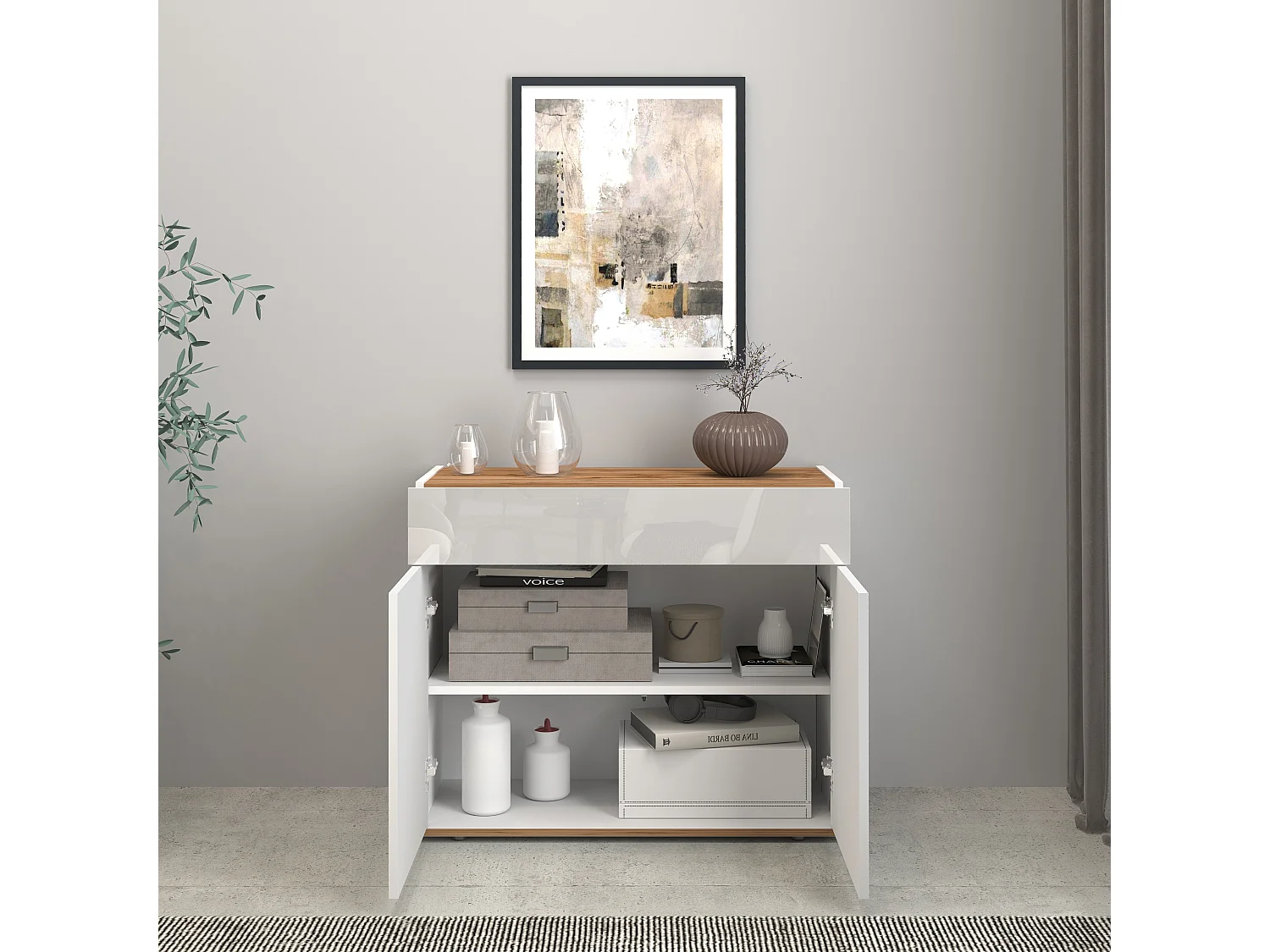 Aparador Garda con 2 puertas y 1 cajón blanco brillo y roble 80,9x35x70 cm
