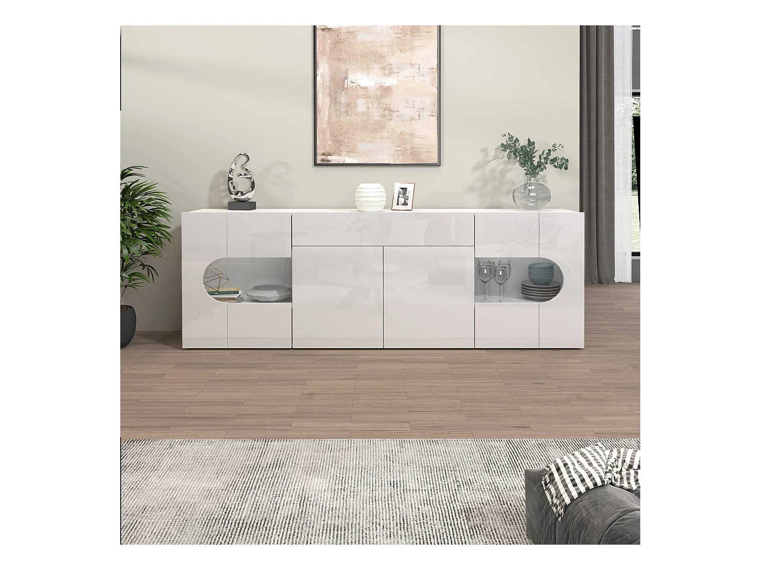 Credenza Real 4 ante 1 cassetto e inserti in vetro espositivi bianco lucido 220x40x80 cm