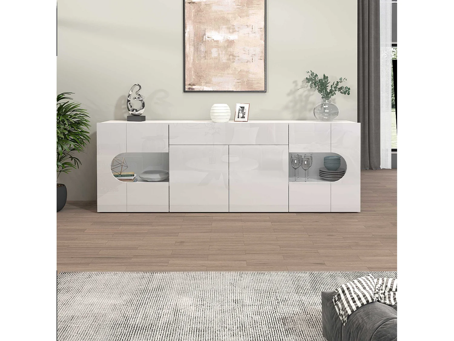 Credenza Real 4 ante 1 cassetto e inserti in vetro espositivi bianco lucido 220x40x80 cm